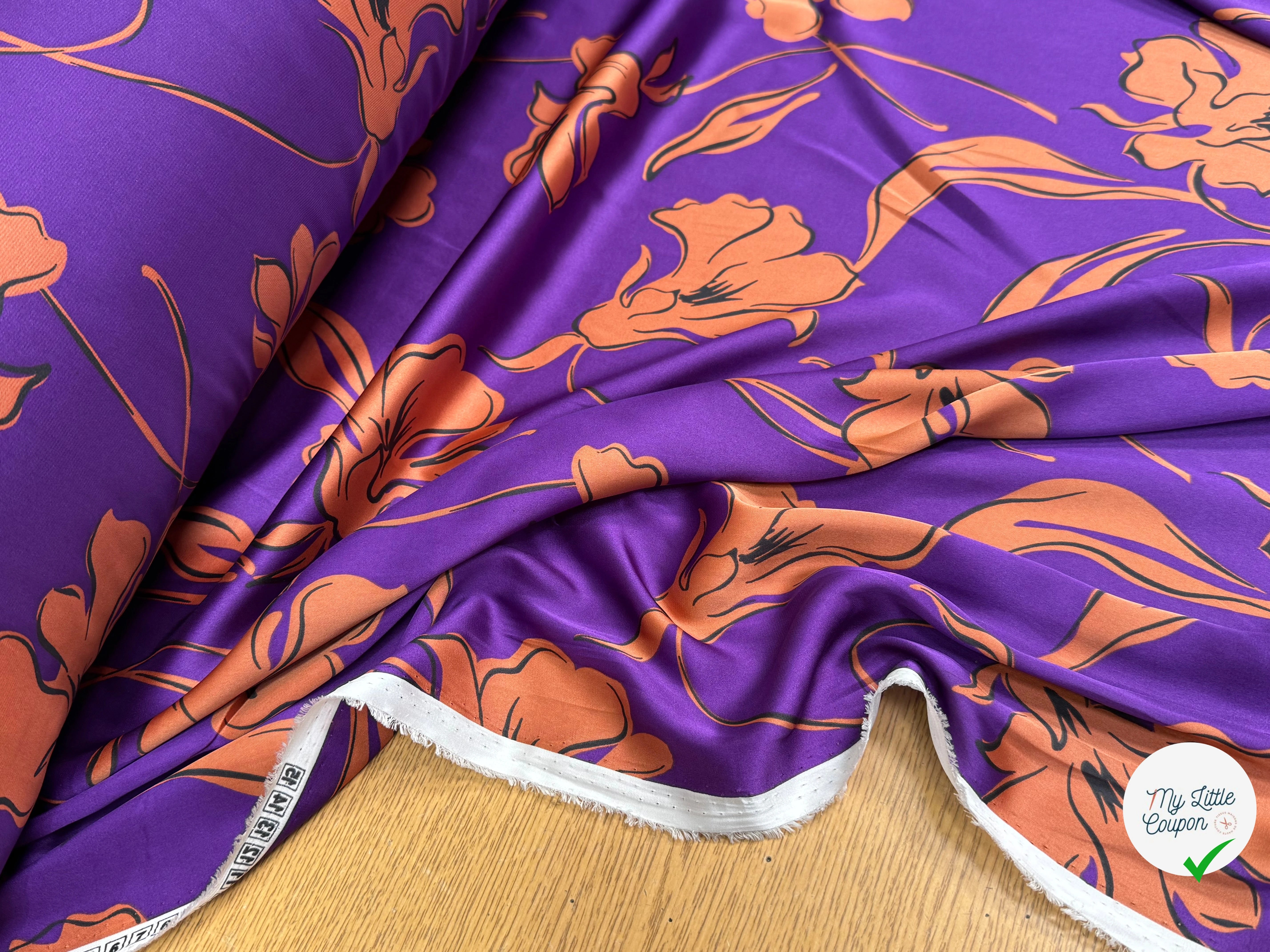 SATIN FLUIDE FOND VIOLET FLORAUX CARAMEL - My Little Coupon