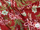 SATIN GARDEN ROUGE GROSSES FLEURS ROSES ET FEUILLAGE VERT - My Little Coupon