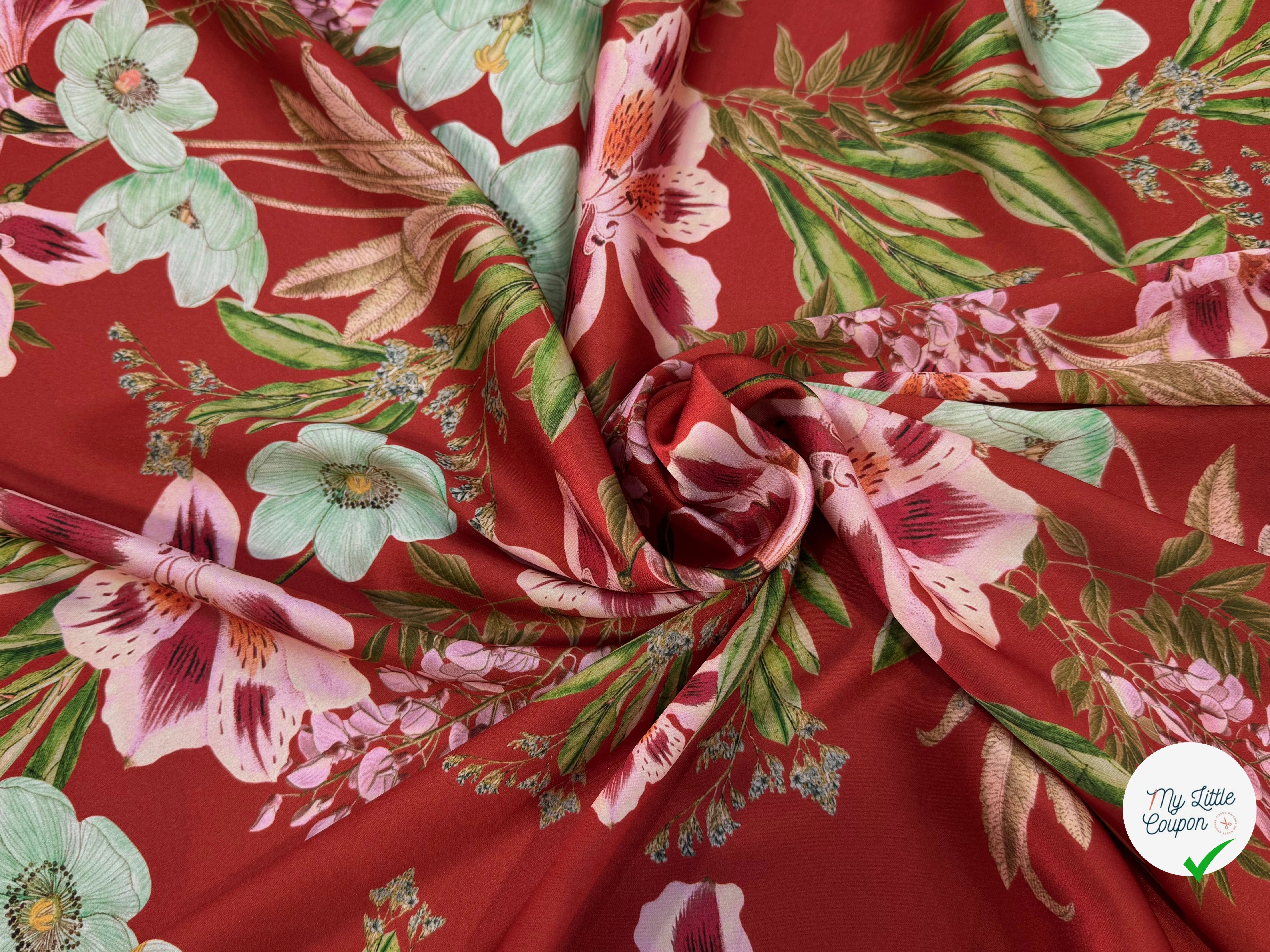 SATIN GARDEN ROUGE GROSSES FLEURS ROSES ET FEUILLAGE VERT - My Little Coupon