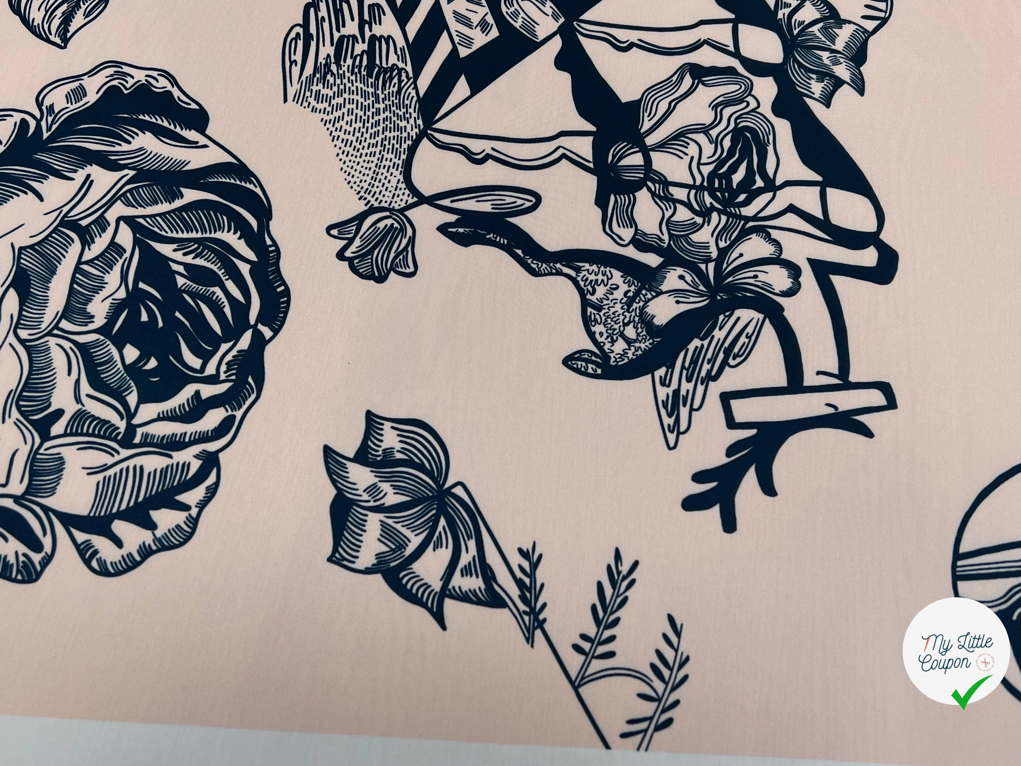 SATIN IMPRIMÉ MOTIF ABSTRAIT FOND ROSE POLYESTER 150CM - My Little Coupon