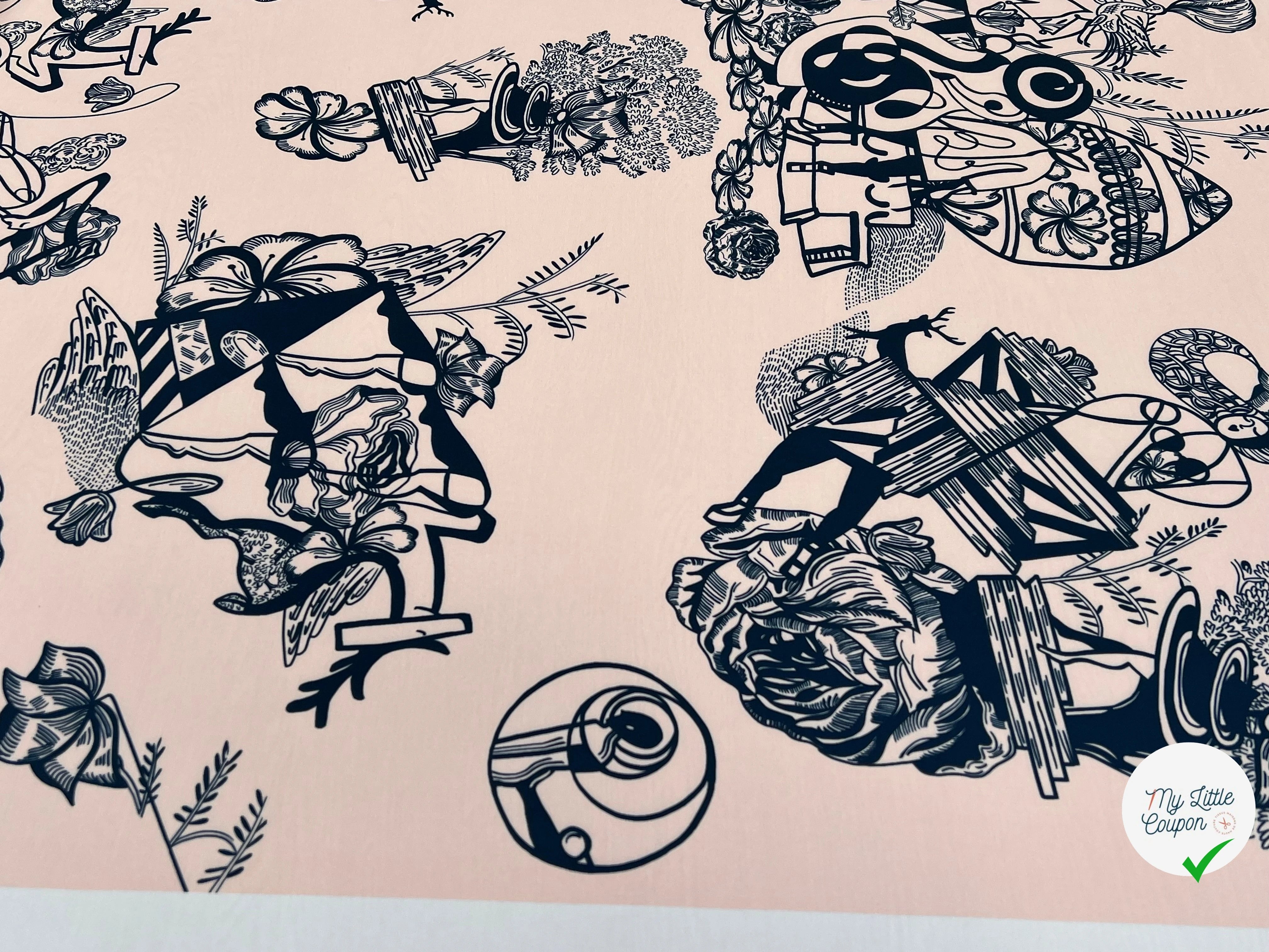 SATIN IMPRIMÉ MOTIF ABSTRAIT FOND ROSE POLYESTER 150CM - My Little Coupon