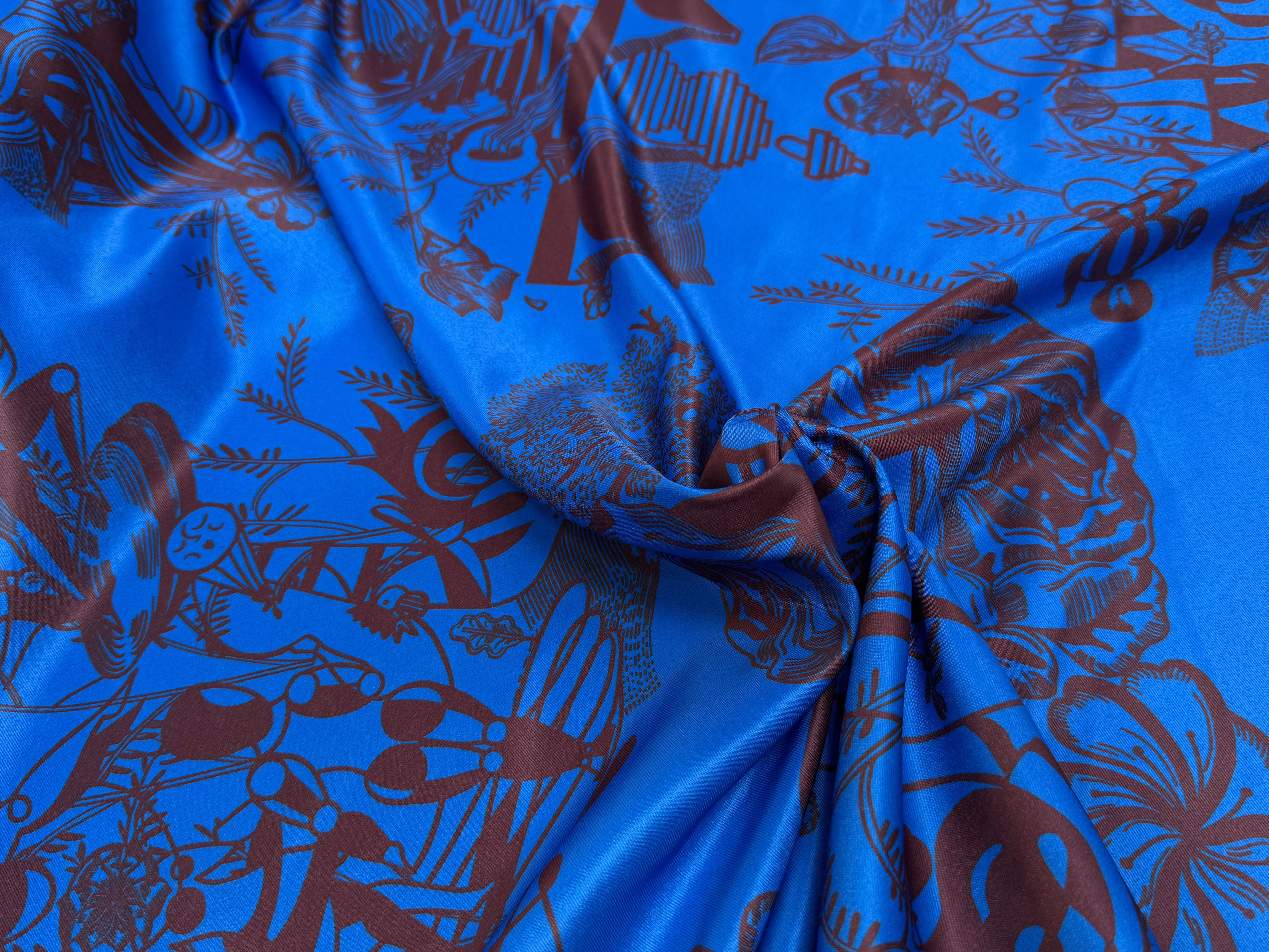 SATIN SERGÉ IMPRIMÉ FOND BLEU À MOTIF - My Little Coupon