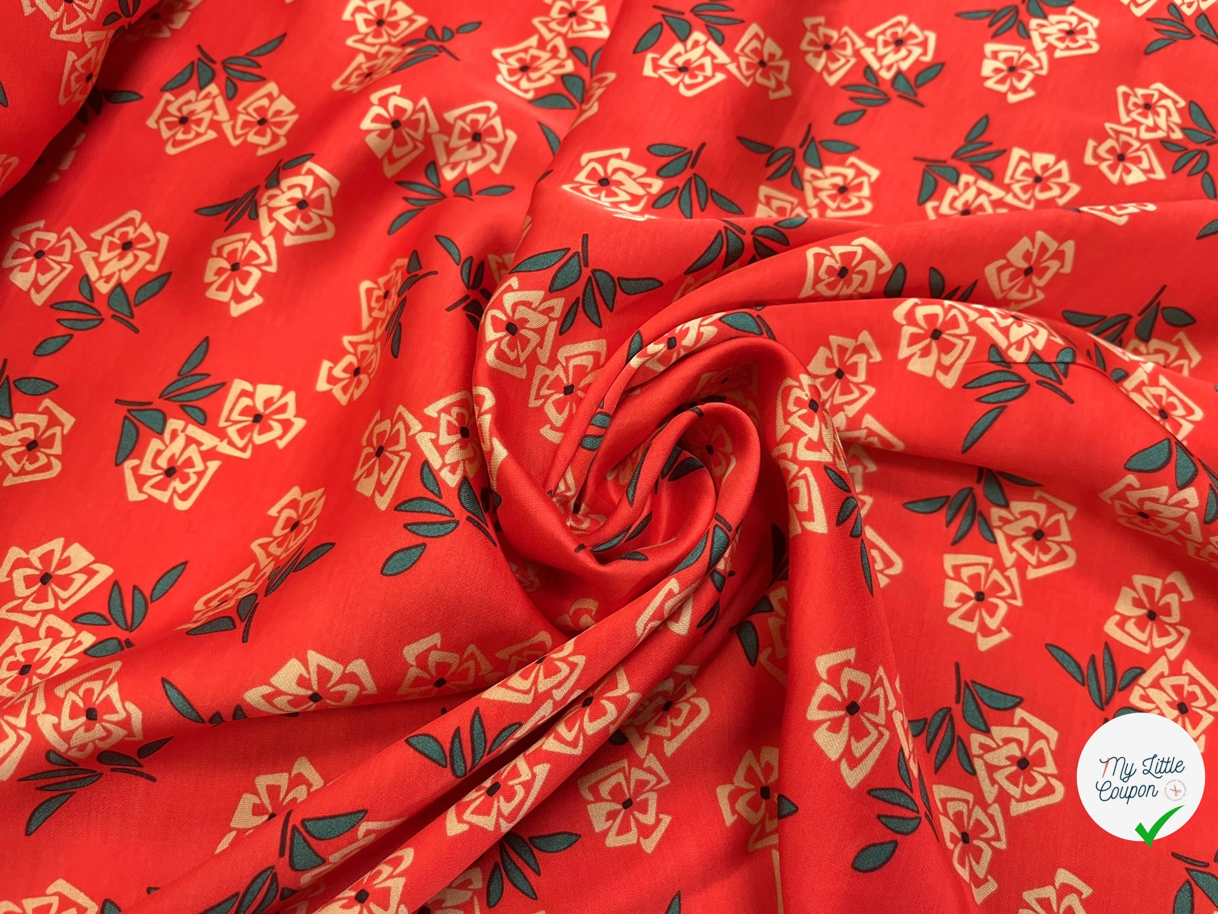SATIN VISCOSE IMPRIMÉ FLEURS FOND CORAIL SUPER FLUIDE - My Little Coupon