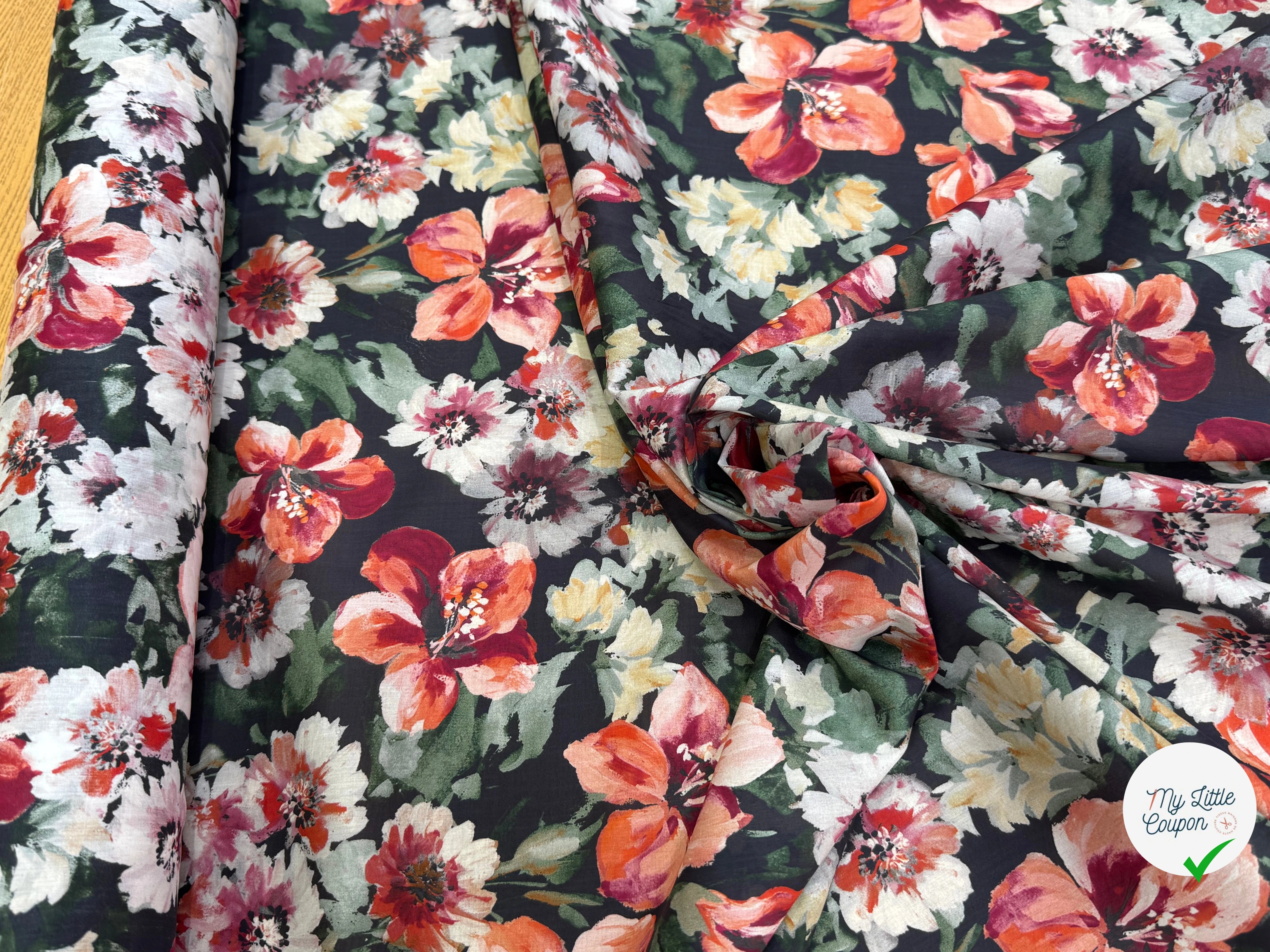 SATIN VOILE DE COTON ÉMERISE PREMIUM FOND NOIR DOUX MADE IN ITALY - My Little Coupon