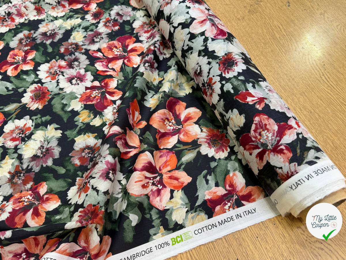 SATIN VOILE DE COTON ÉMERISE PREMIUM FOND NOIR DOUX MADE IN ITALY - My Little Coupon