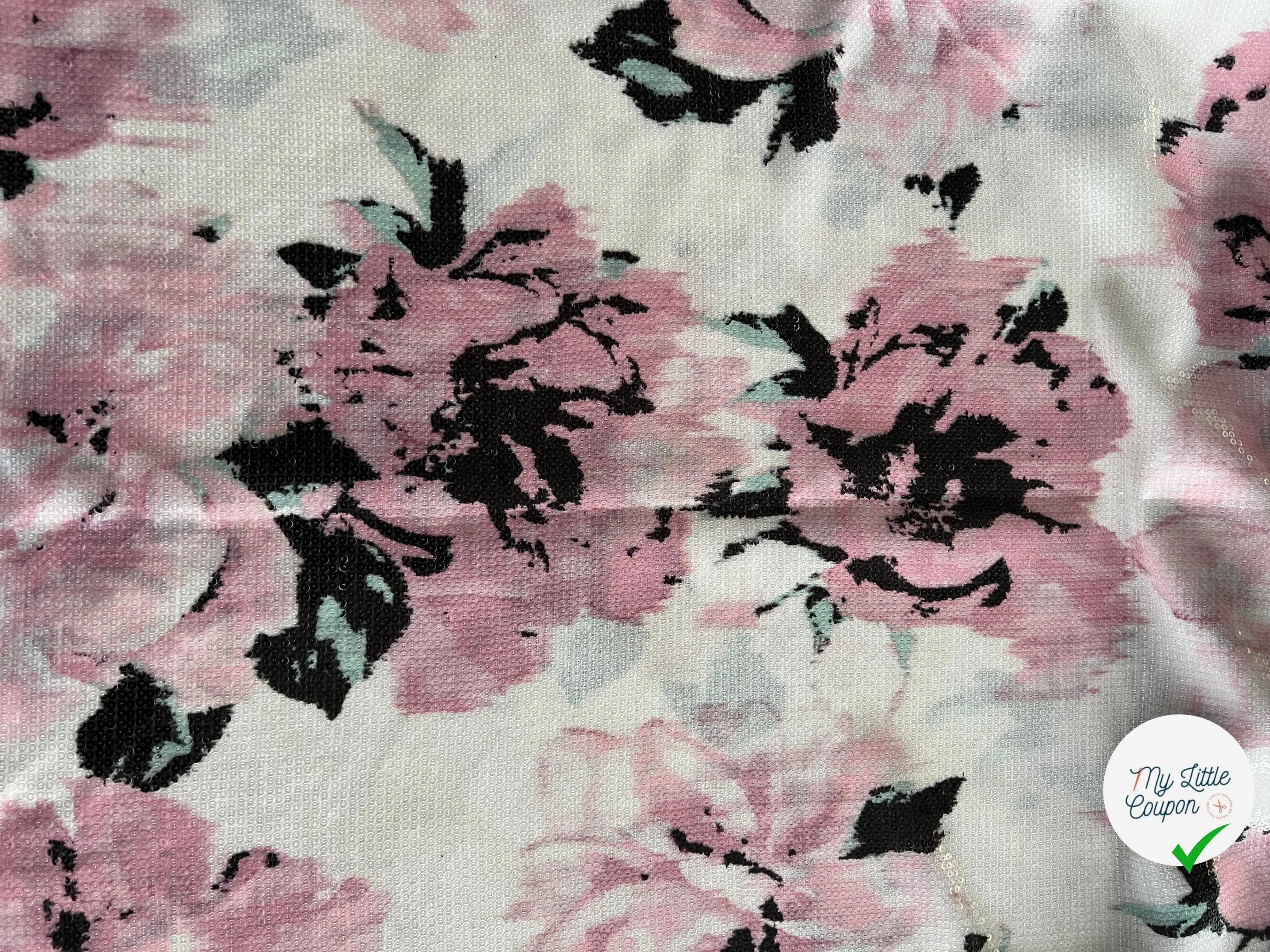 SEQUIN SUR IMPRESSION FLEURS FONDUES ROSE BLANC ET NOIR - My Little Coupon - tissu - coudre