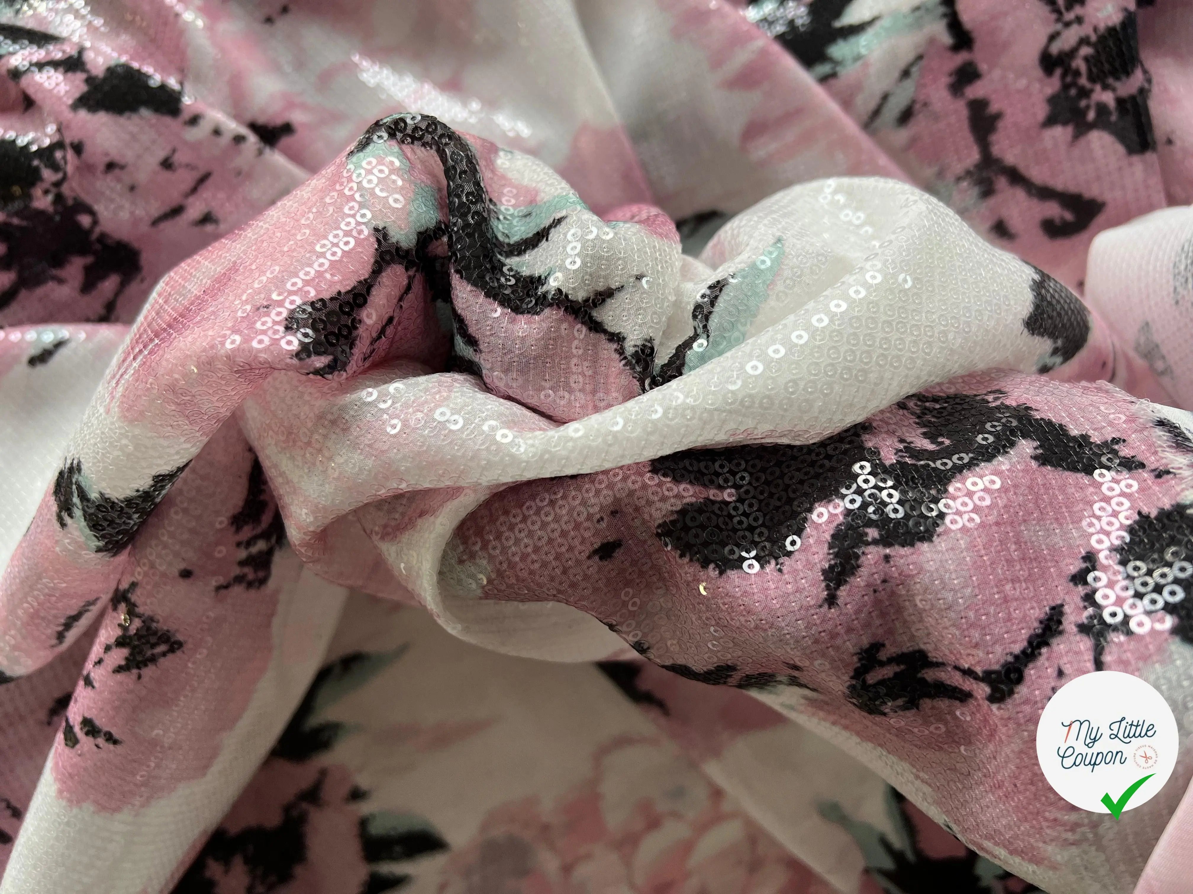 SEQUIN SUR IMPRESSION FLEURS FONDUES ROSE BLANC ET NOIR - My Little Coupon - tissu - coudre