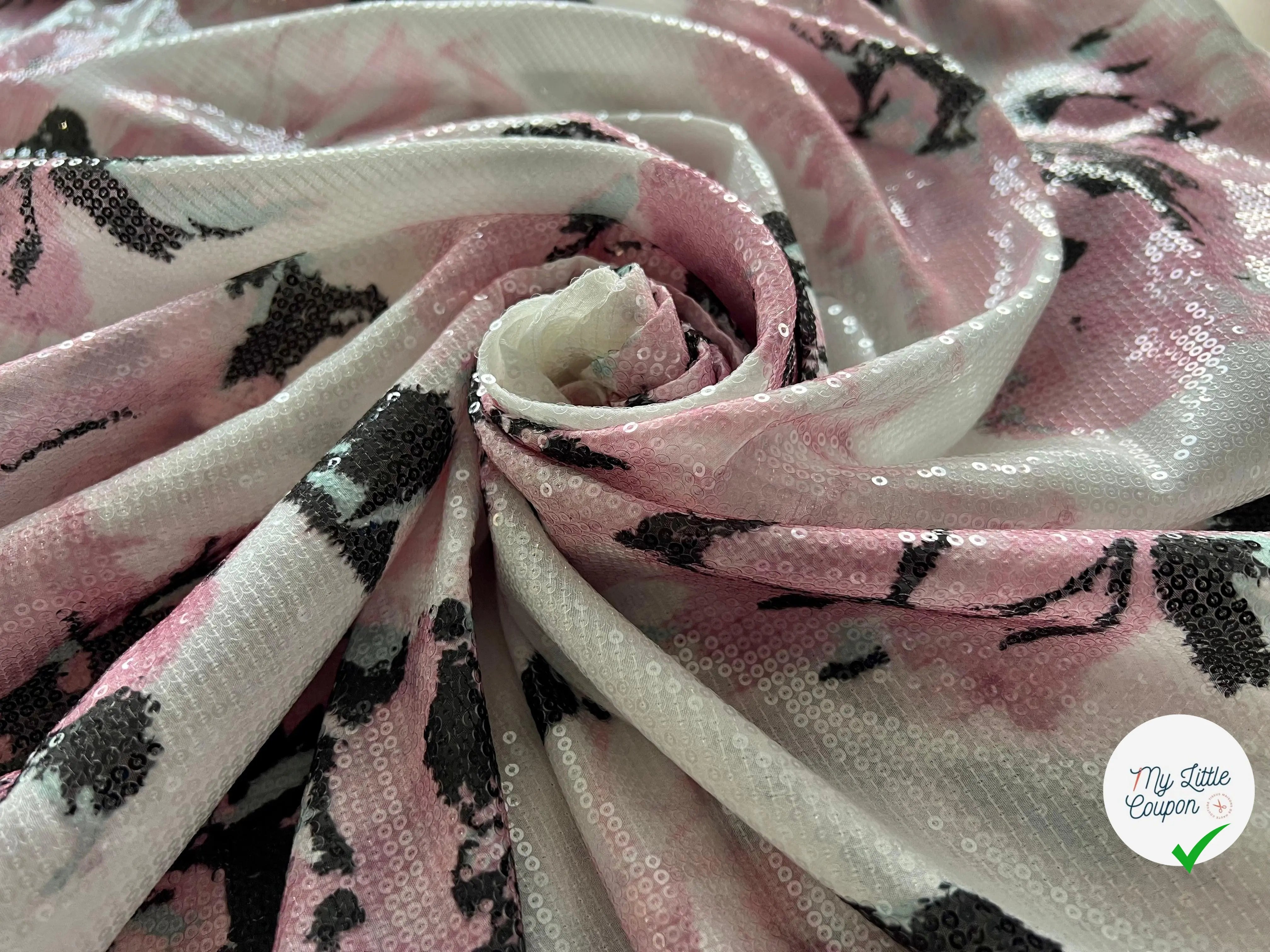 SEQUIN SUR IMPRESSION FLEURS FONDUES ROSE BLANC ET NOIR - My Little Coupon - tissu - coudre