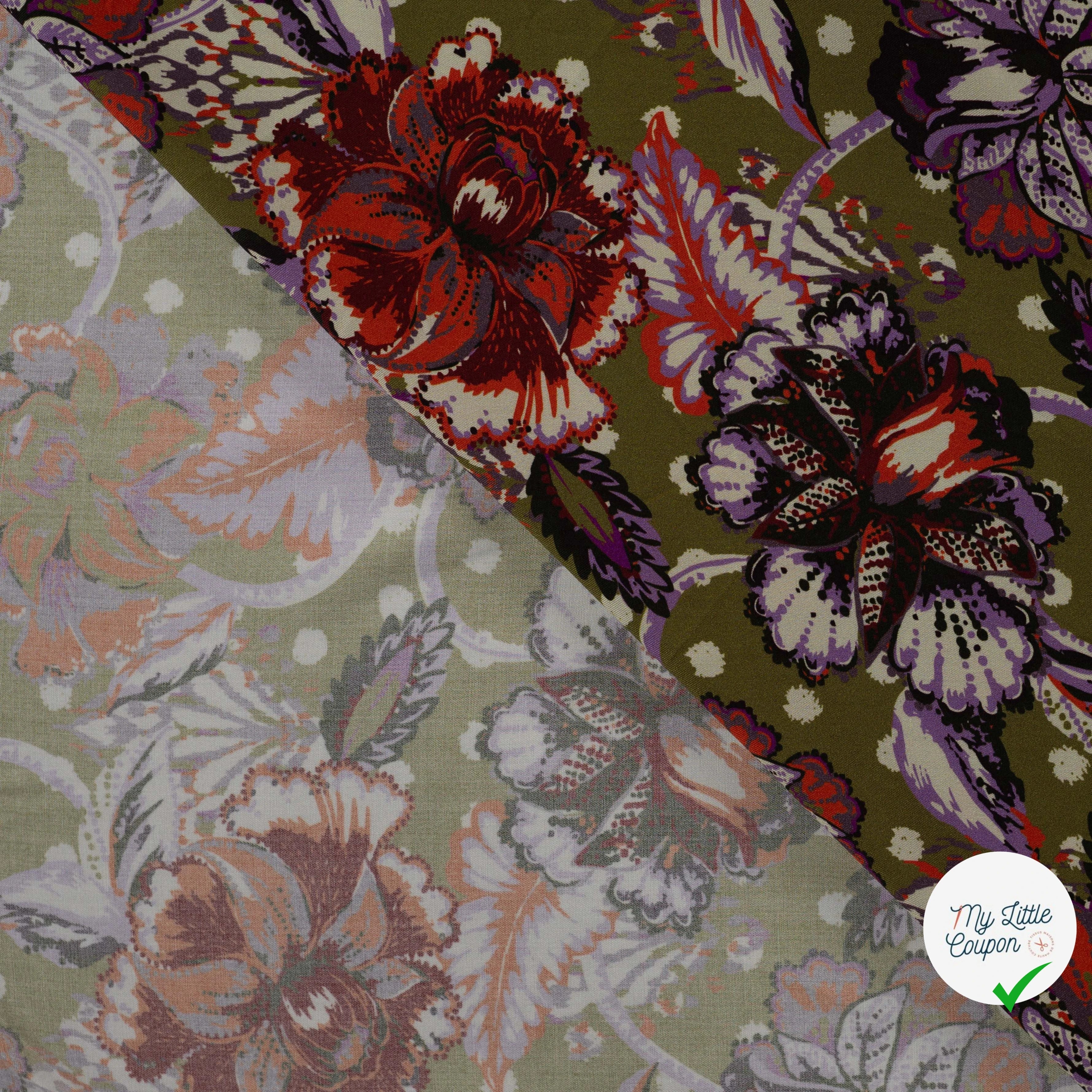 Sergé de viscose EcoVero cachemire fleuri kaki - détail du motif