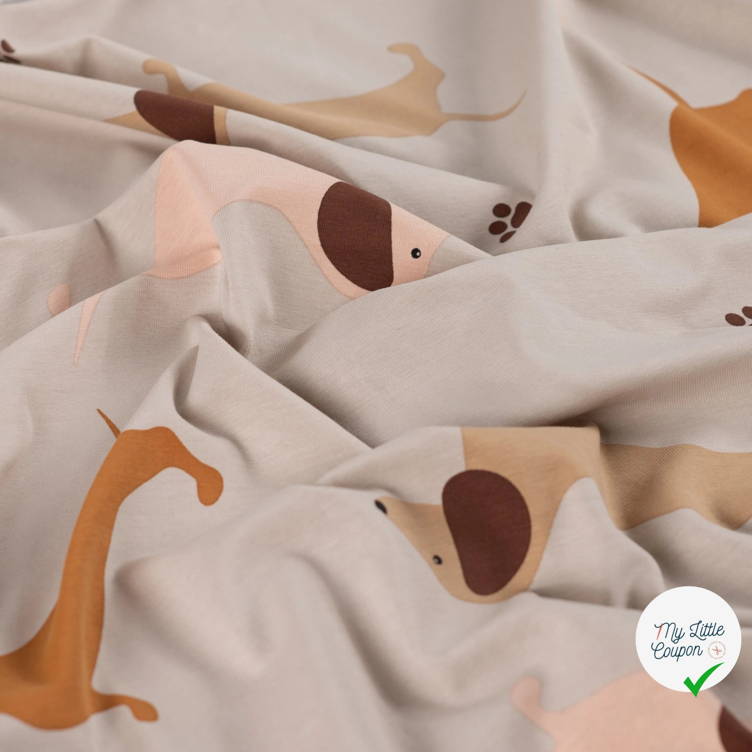 SWEAT FRENCH TERRY IMPRIMÉ TECKELS FOND SABLE - My Little Coupon