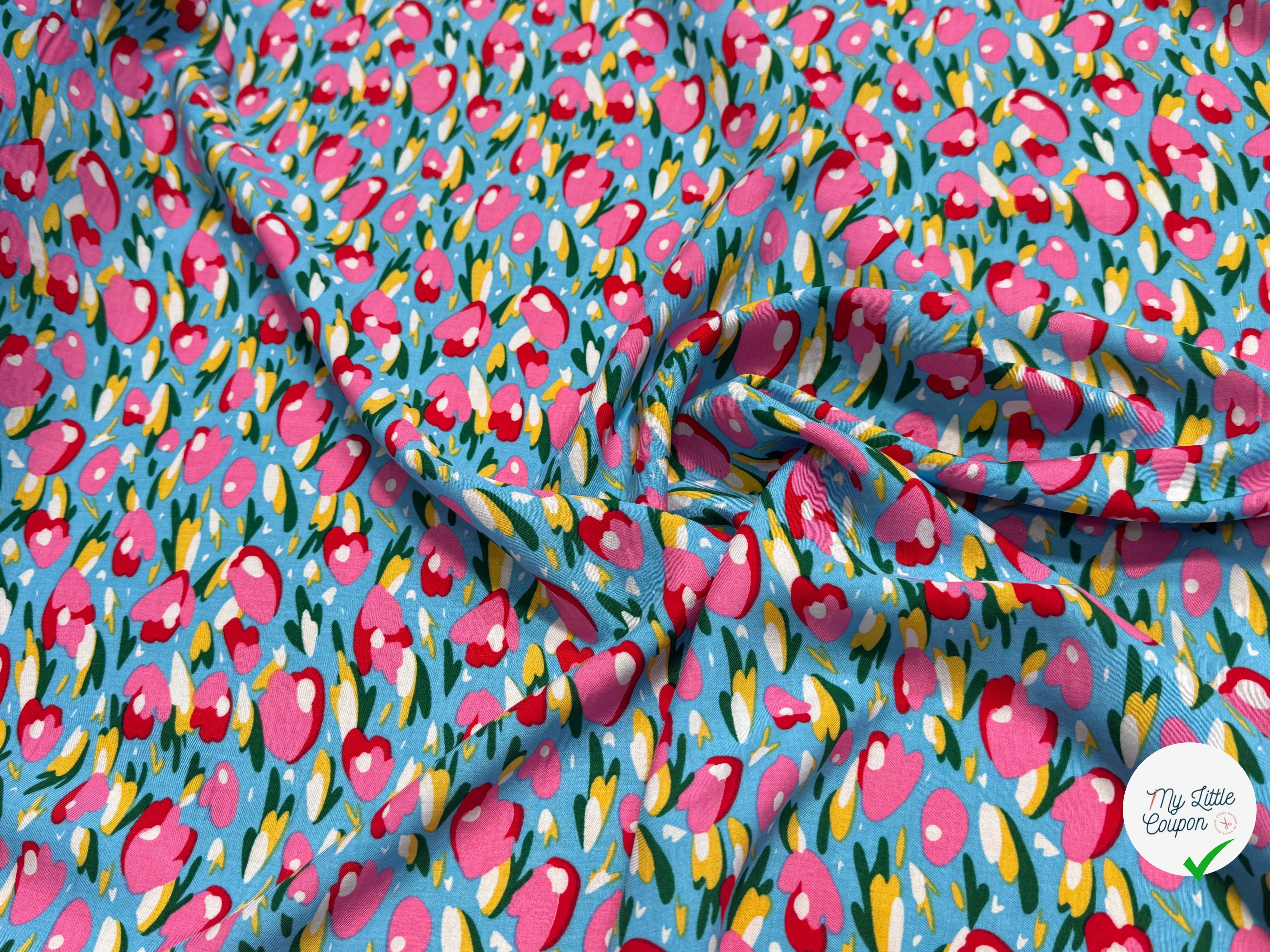 TISSU 100% VISCOSE FOND BONNIE BLUE IMPRIMÉ TULIP - My Little Coupon