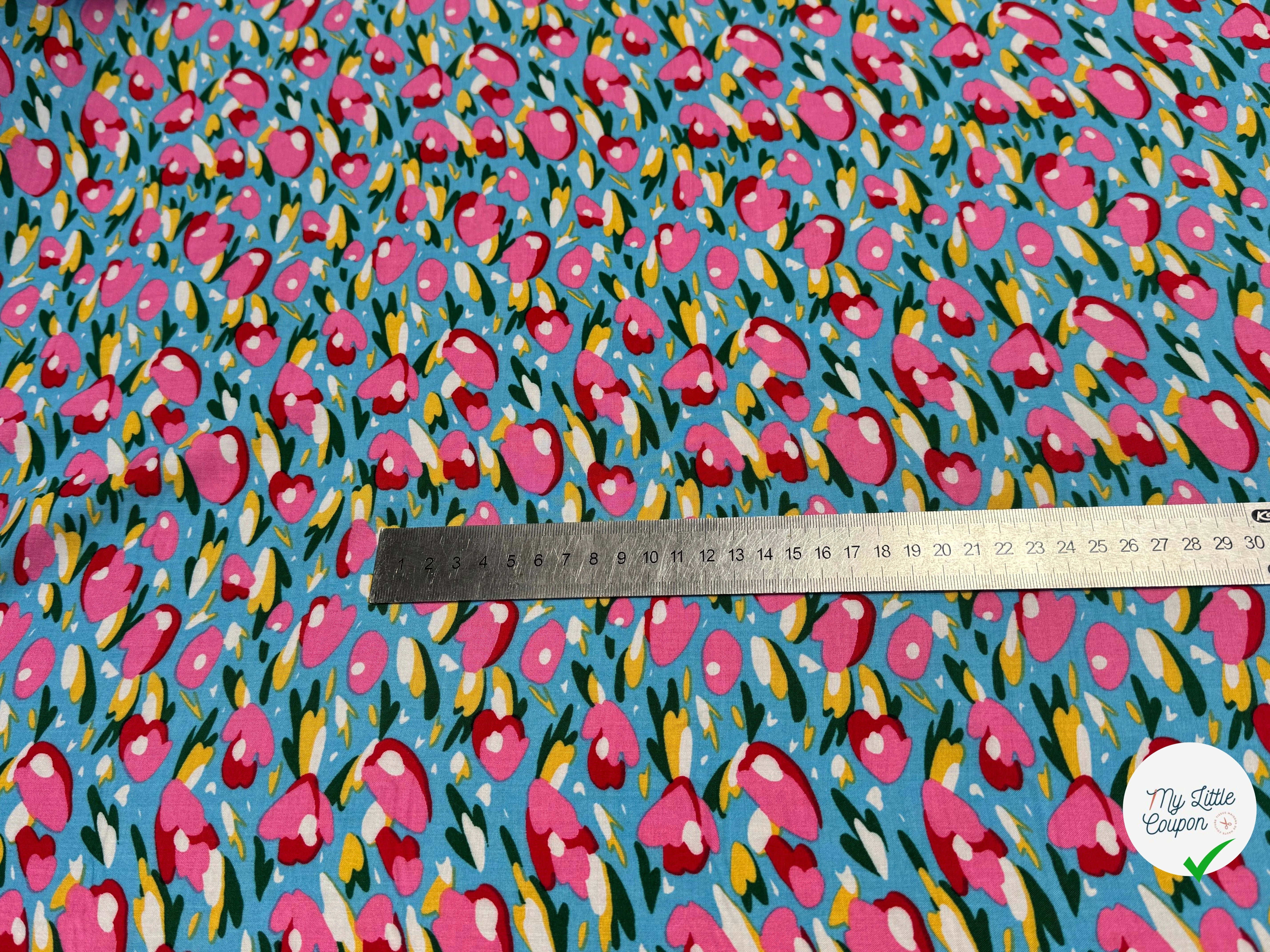 TISSU 100% VISCOSE FOND BONNIE BLUE IMPRIMÉ TULIP - My Little Coupon