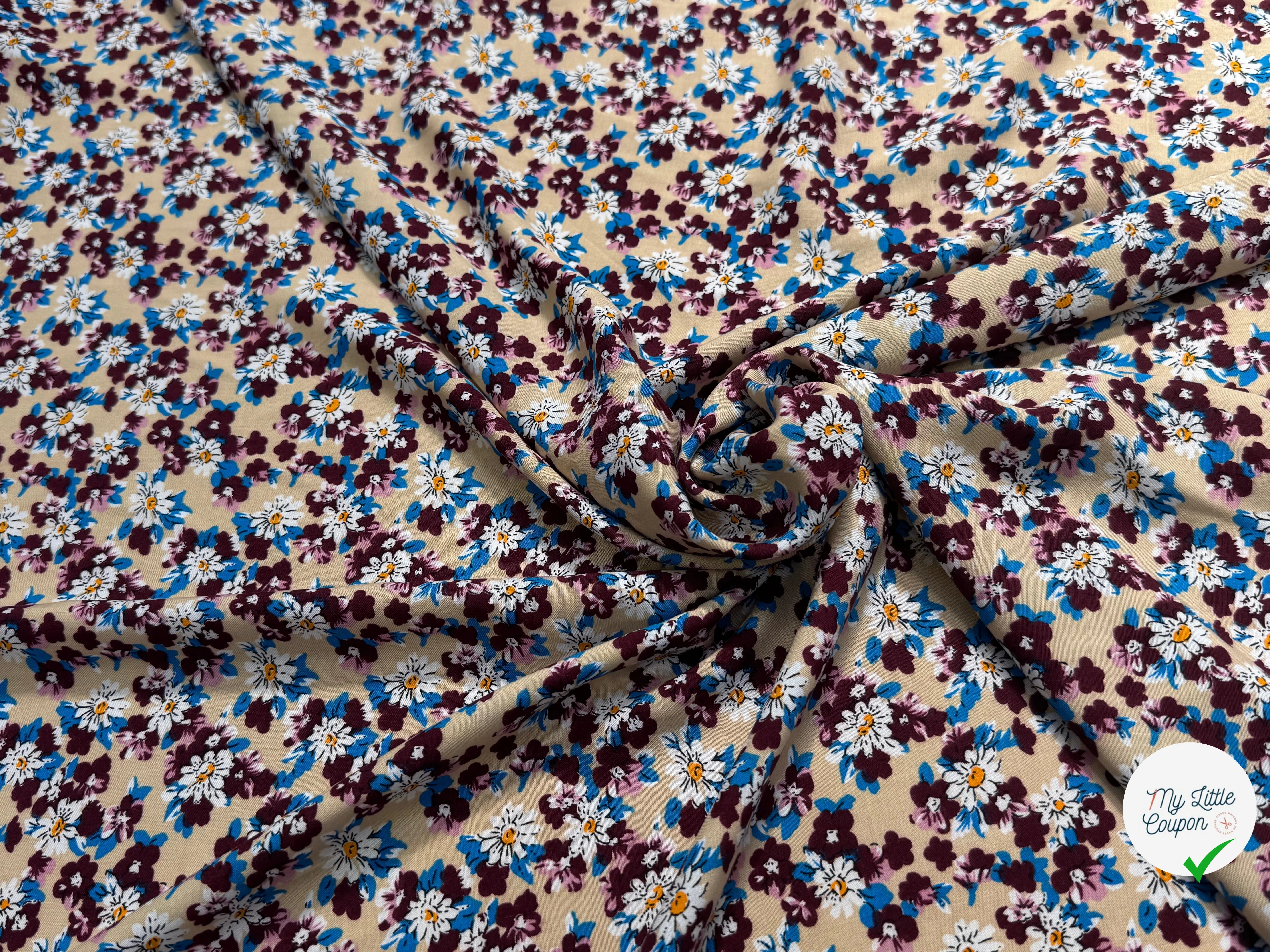 TISSU 100% VISCOSE FOND CAFÉ AU LAIT IMPRIMÉ BASE DE FLEURS - My Little Coupon