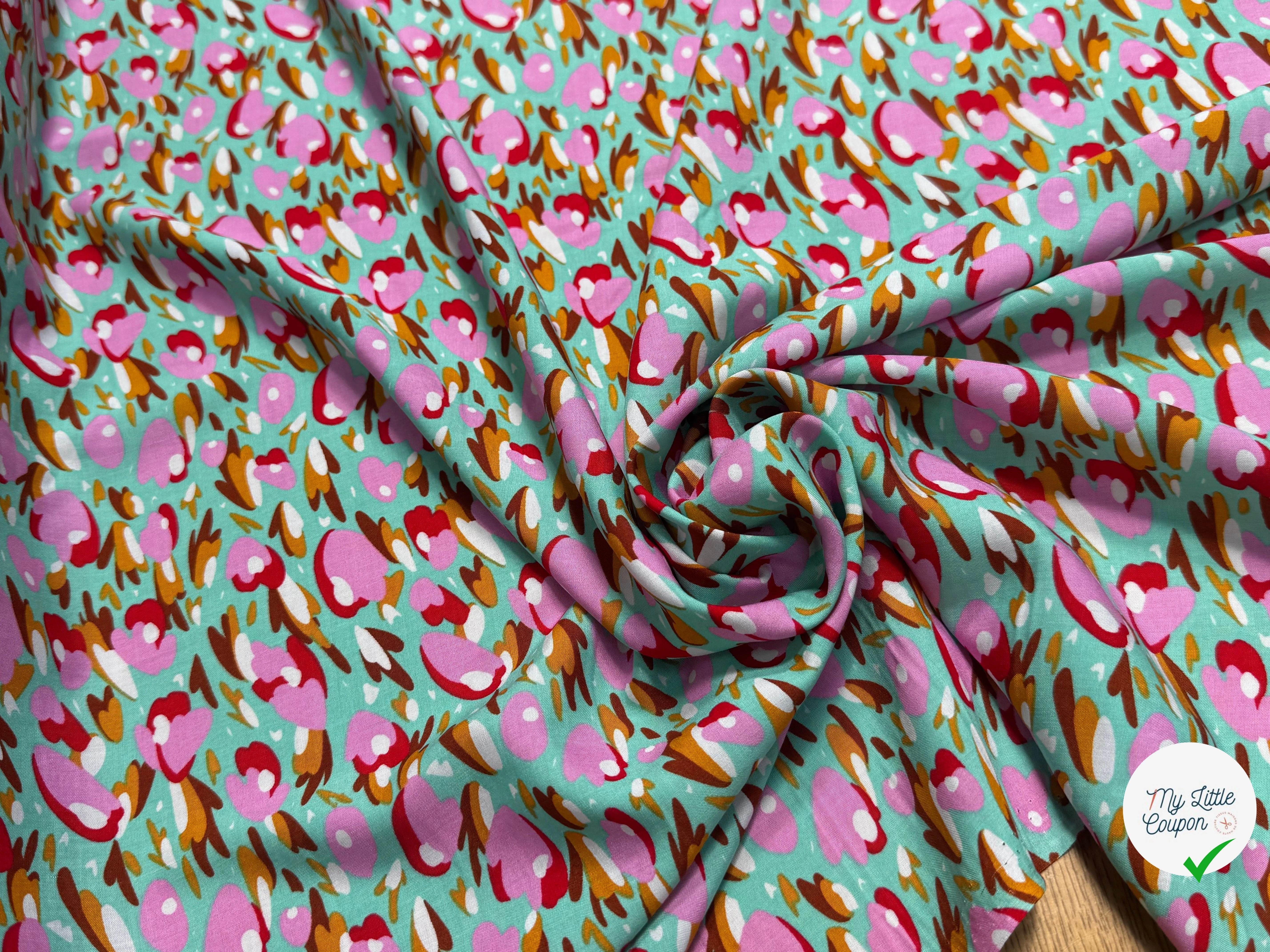 TISSU 100% VISCOSE FOND LAGOON IMPRIMÉ TULIP - My Little Coupon
