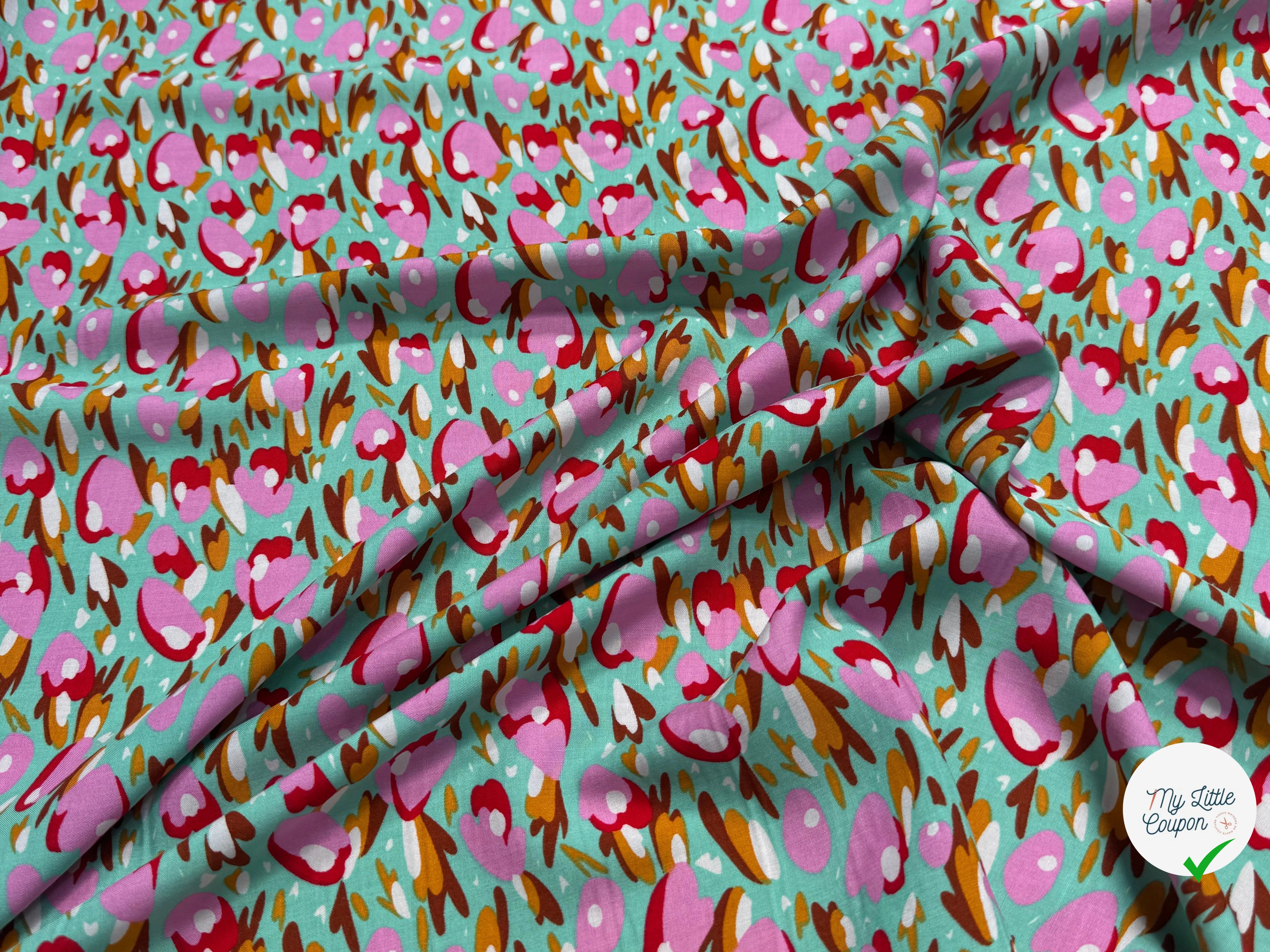 TISSU 100% VISCOSE FOND LAGOON IMPRIMÉ TULIP - My Little Coupon
