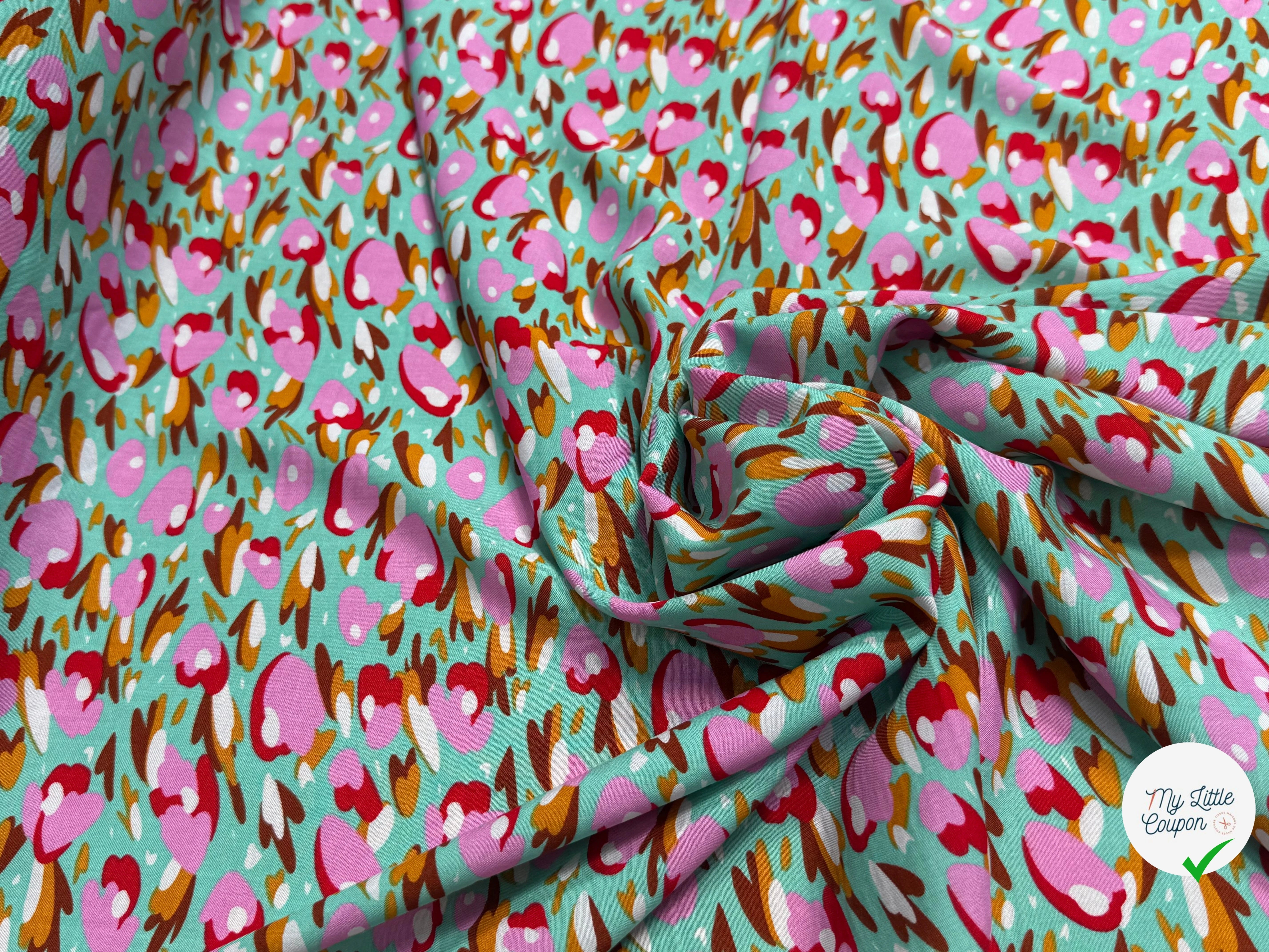 TISSU 100% VISCOSE FOND LAGOON IMPRIMÉ TULIP - My Little Coupon