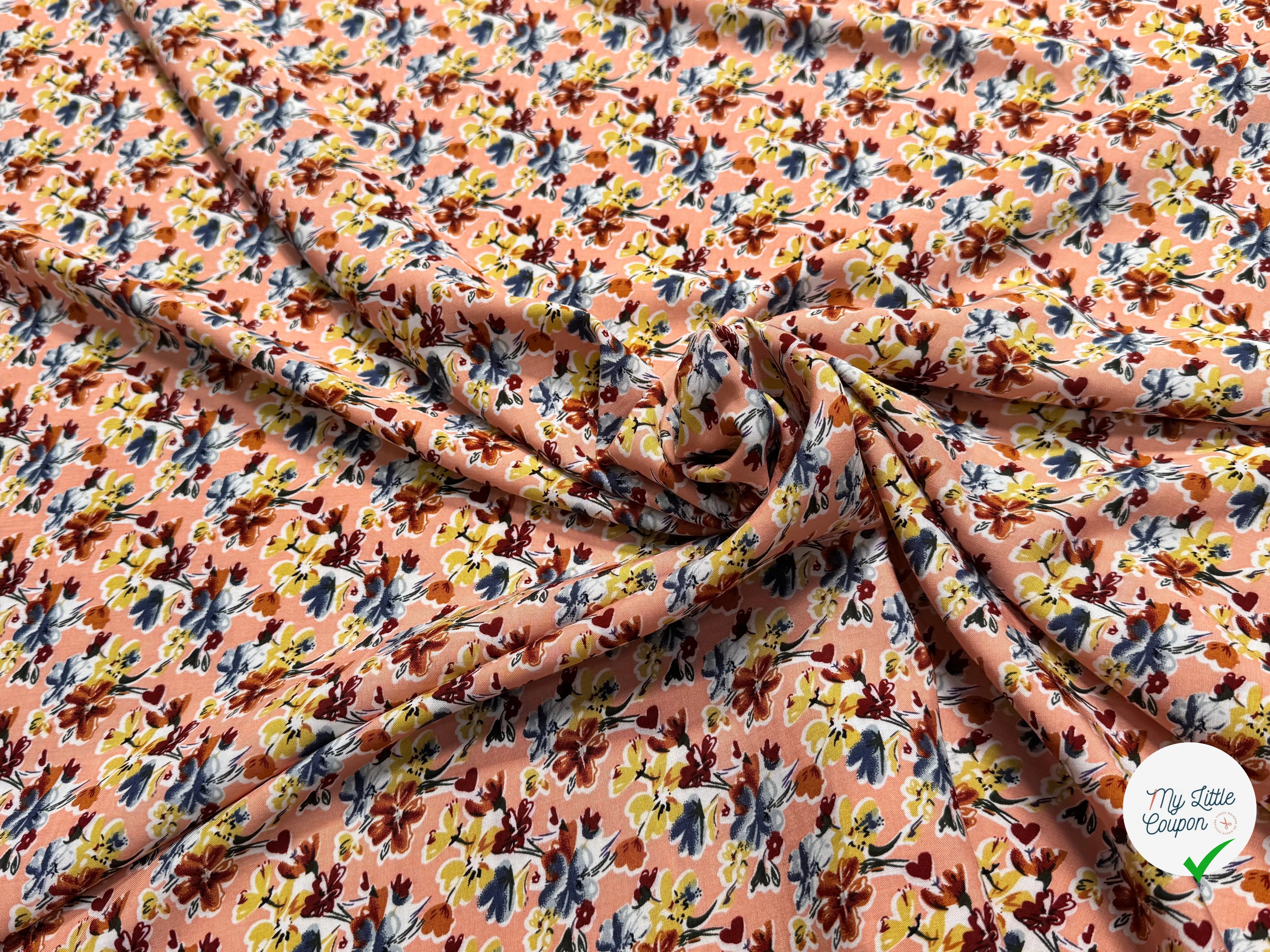 TISSU 100% VISCOSE FOND ORANGE PÊCHE IMPRIMÉ BOUQUETS - My Little Coupon
