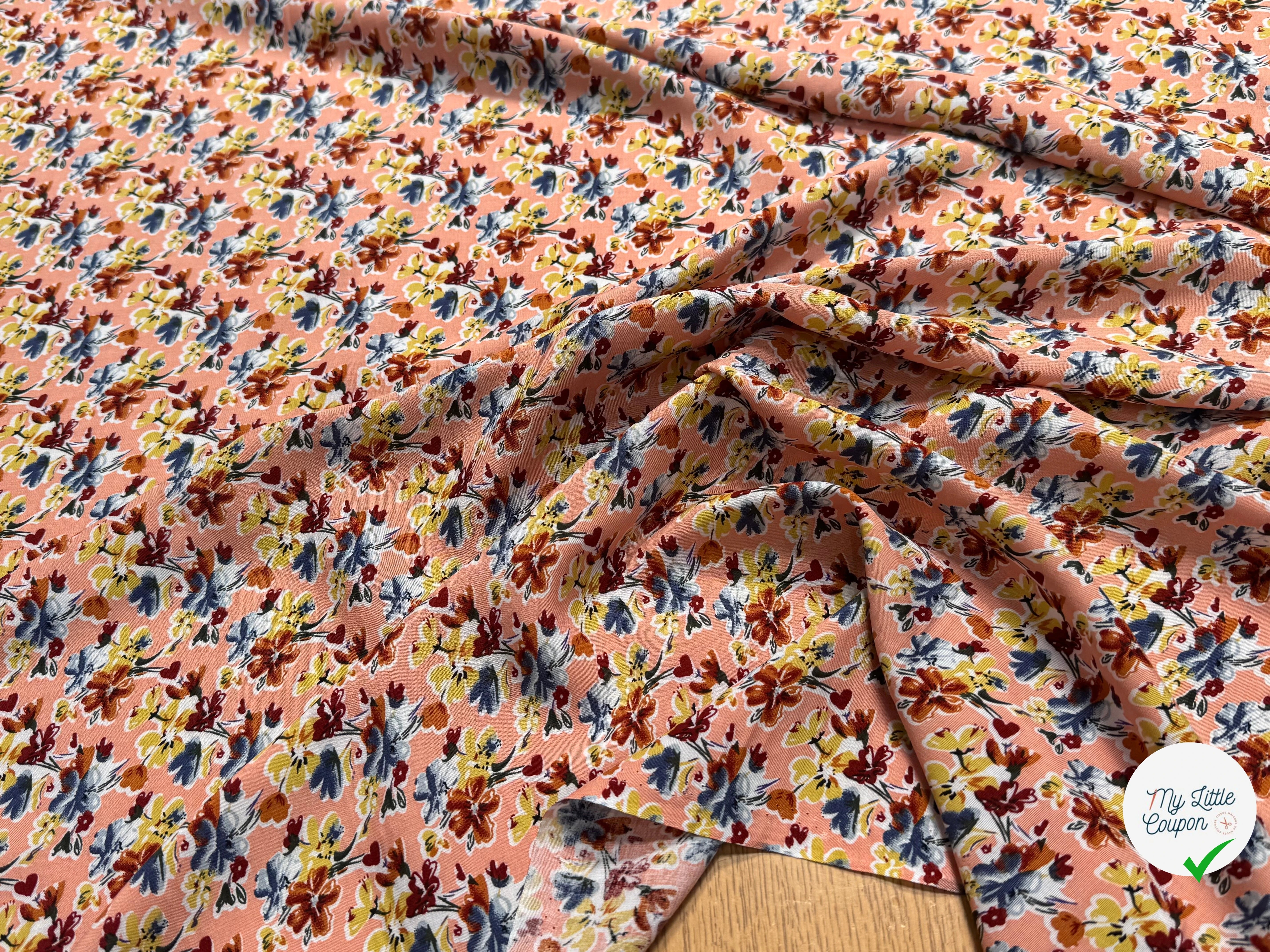 TISSU 100% VISCOSE FOND ORANGE PÊCHE IMPRIMÉ BOUQUETS - My Little Coupon