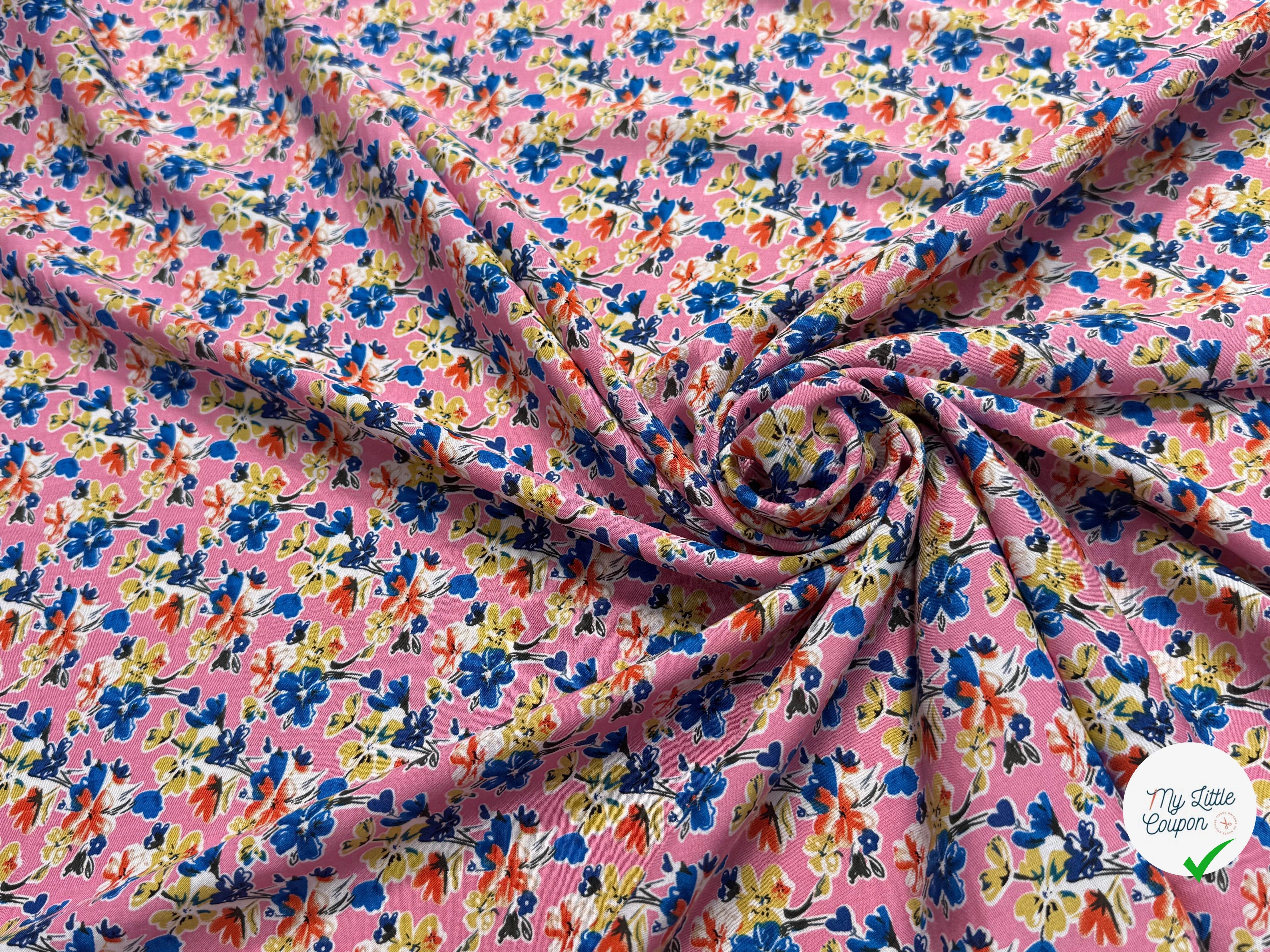 TISSU 100% VISCOSE FOND ROSE IMPRIMÉ BOUQUETS - My Little Coupon