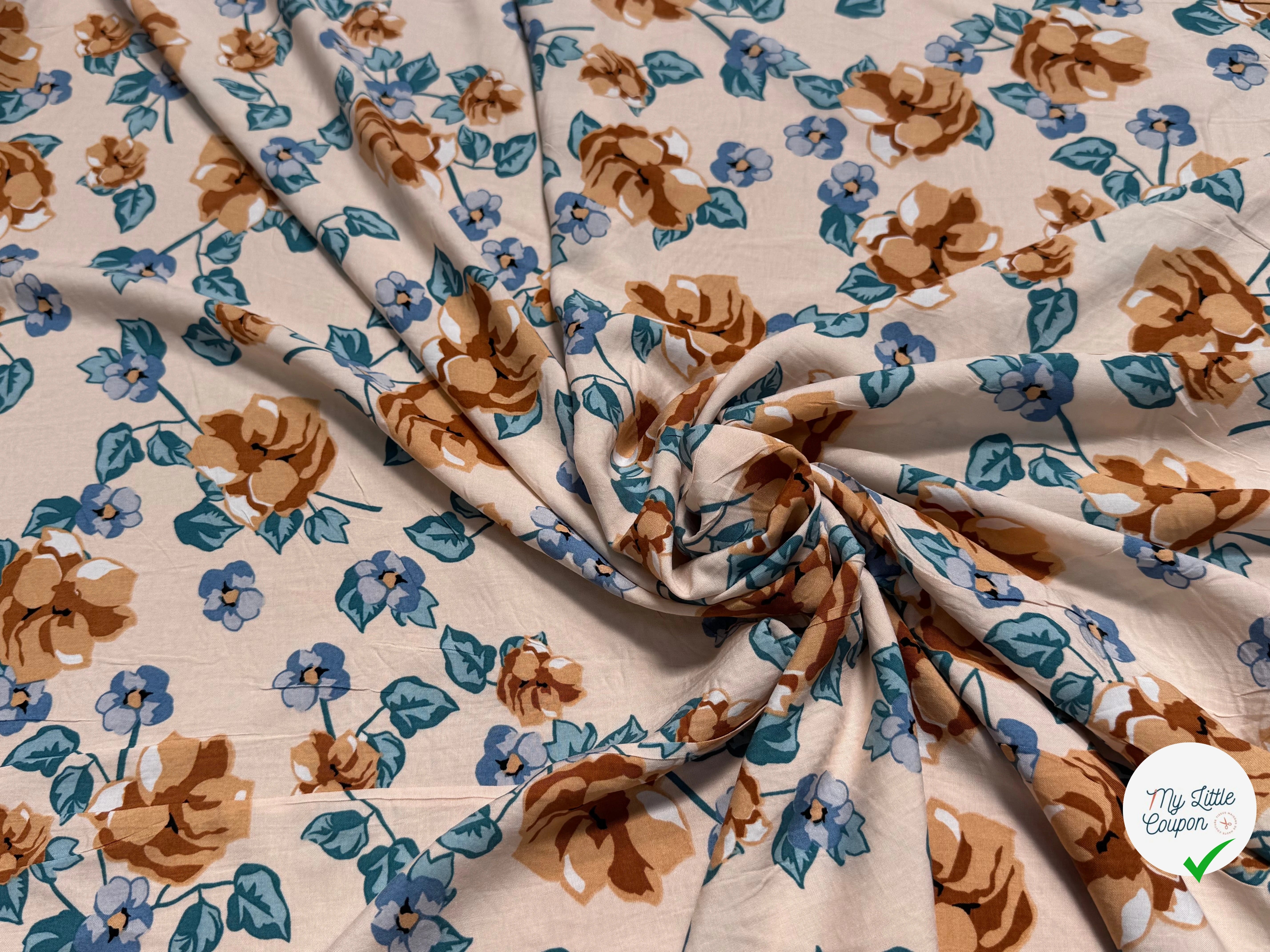 TISSU 100% VISCOSE IMPRIMÉ BRANCHES À FLEURS FOND CREME - My Little Coupon