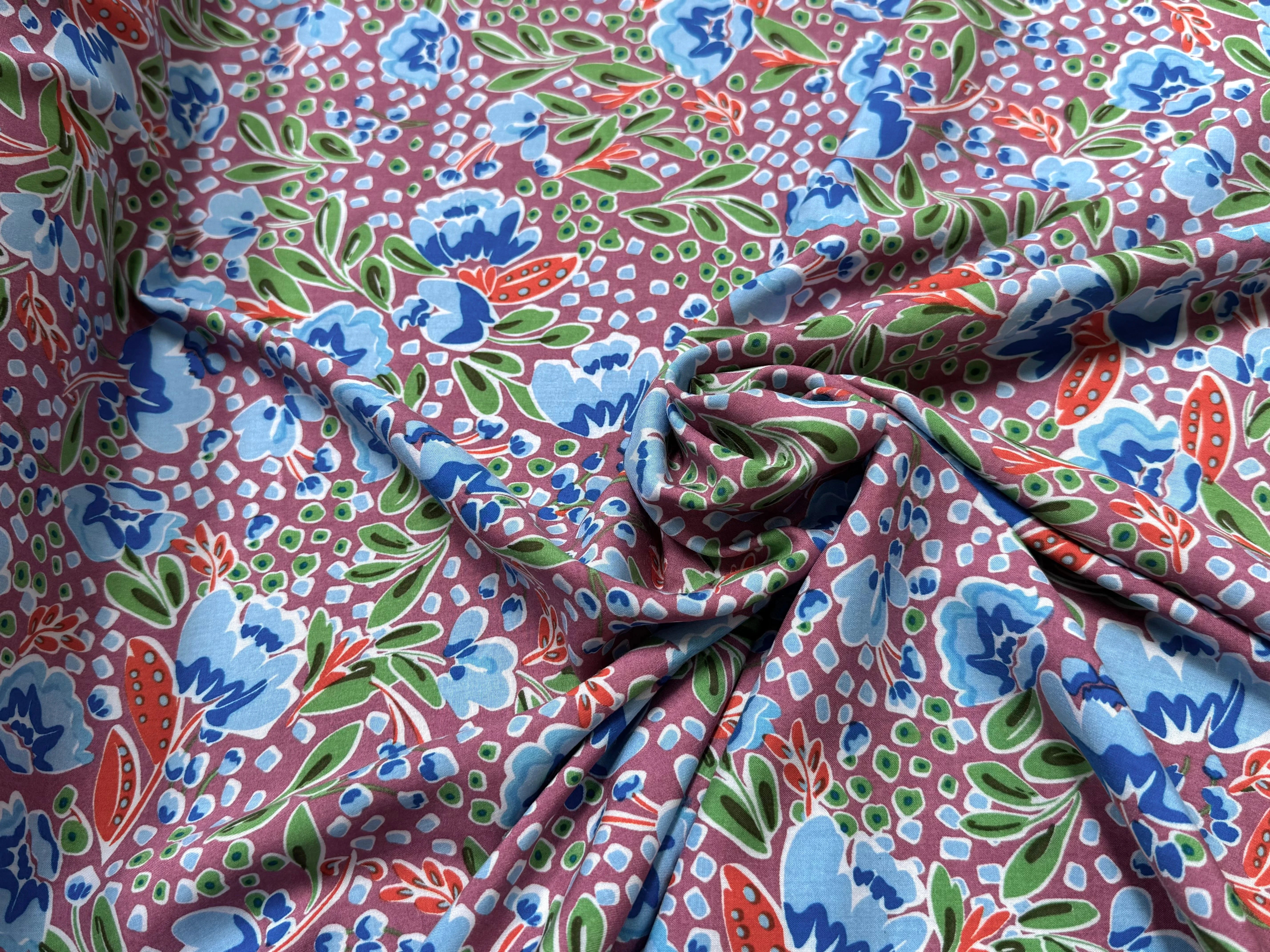 TISSU 100% VISCOSE IMPRIMÉ FEUILLAGES FOND VIEUX ROSE - My Little Coupon