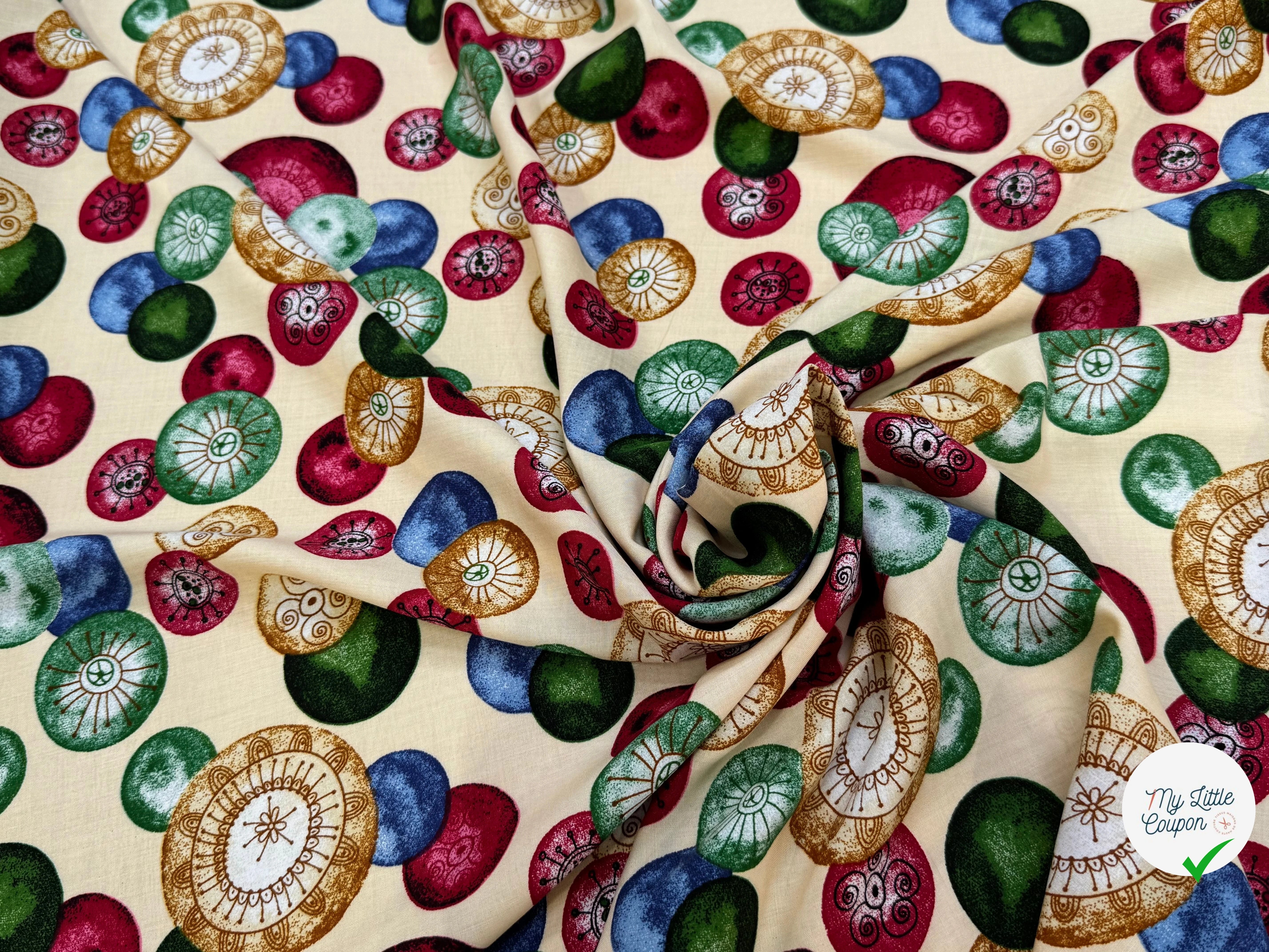 TISSU 100% VISCOSE IMPRIMÉ FOND CREME MOTIFS CIRCULAIRES - My Little Coupon