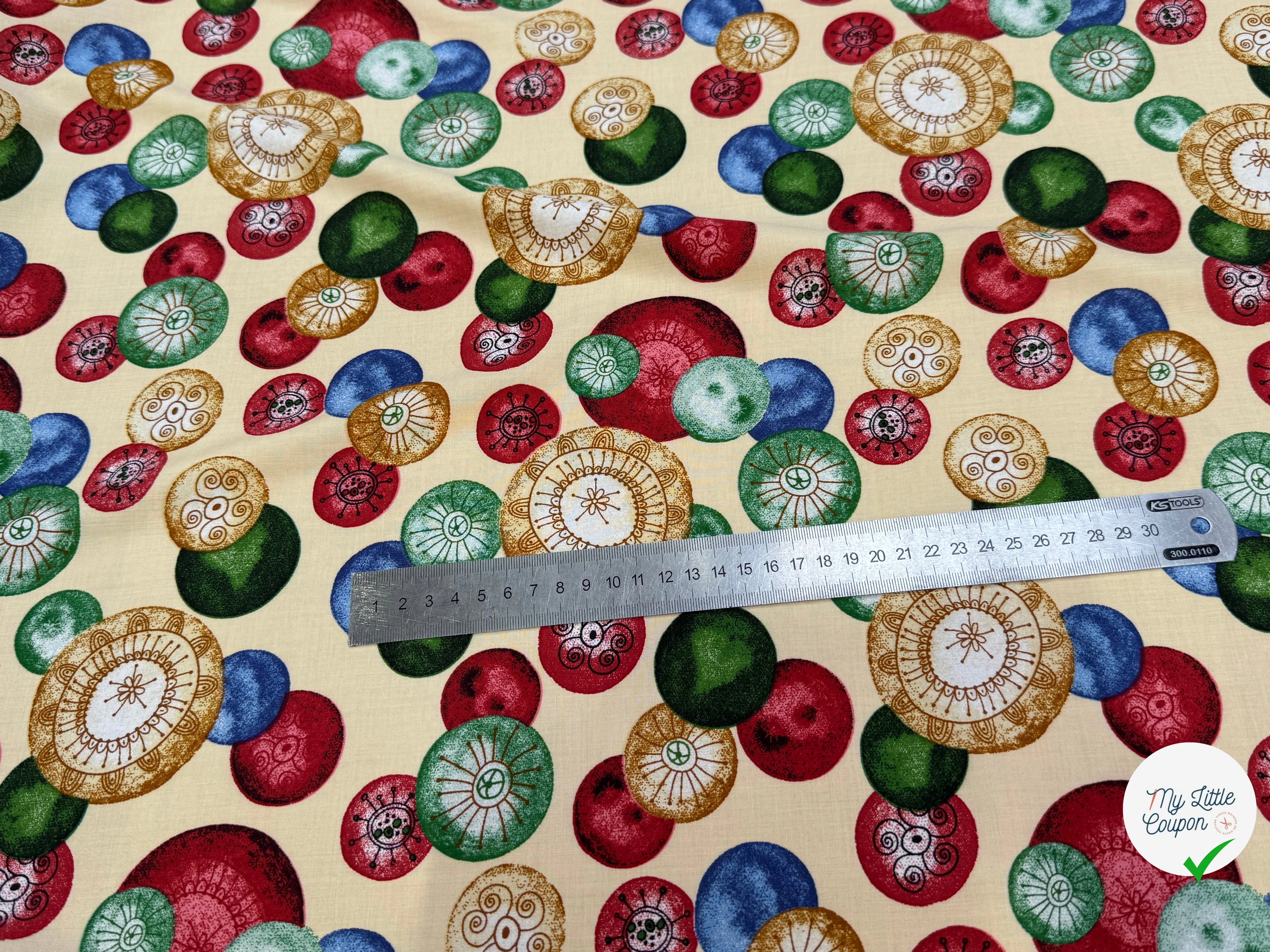 TISSU 100% VISCOSE IMPRIMÉ FOND CREME MOTIFS CIRCULAIRES - My Little Coupon