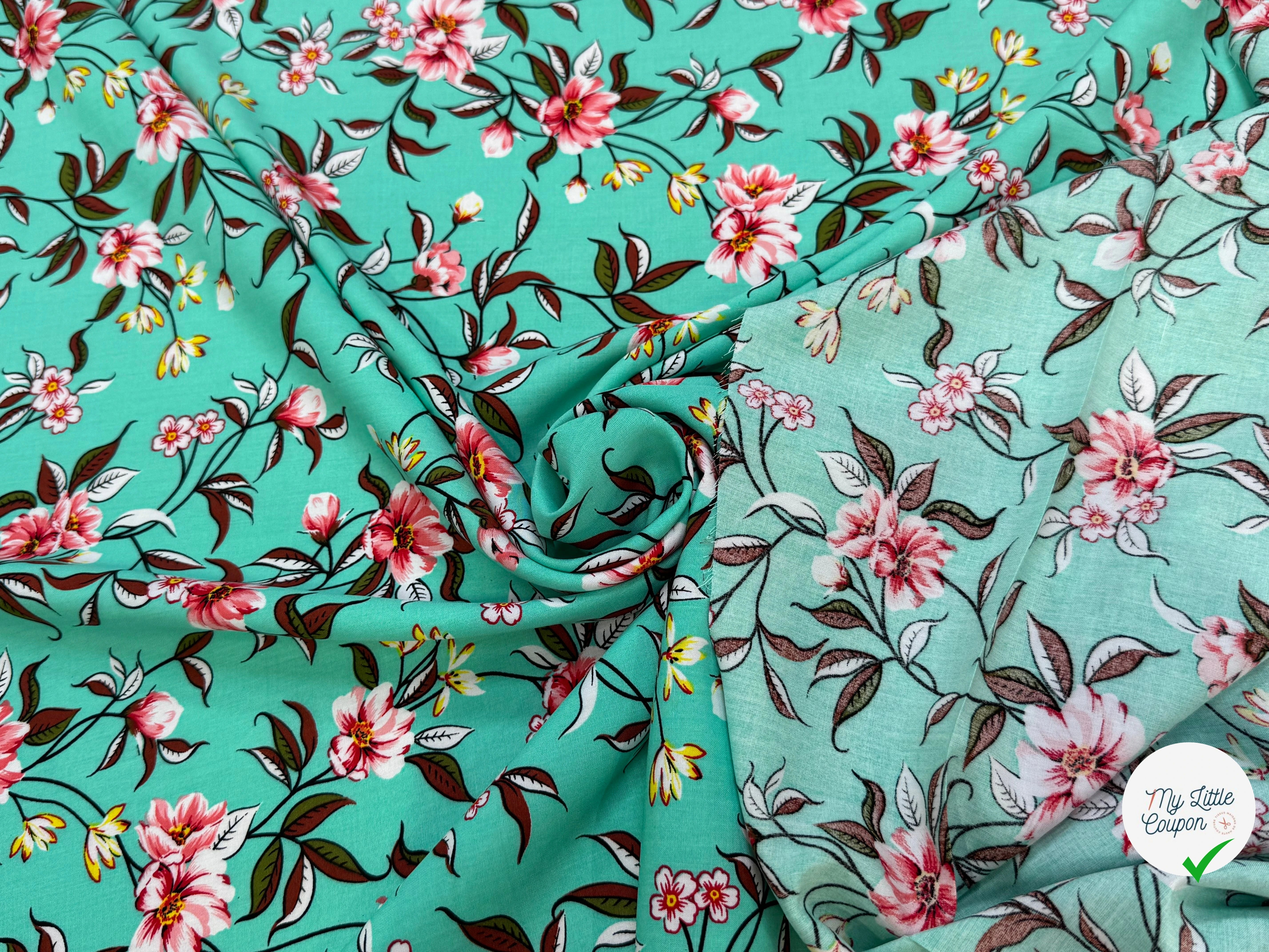 TISSU 100% VISCOSE IMPRIMÉ FOND LAGOON - My Little Coupon