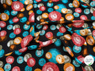 TISSU 100% VISCOSE IMPRIMÉ FOND NOIR MOTIFS CIRCULAIRES - My Little Coupon