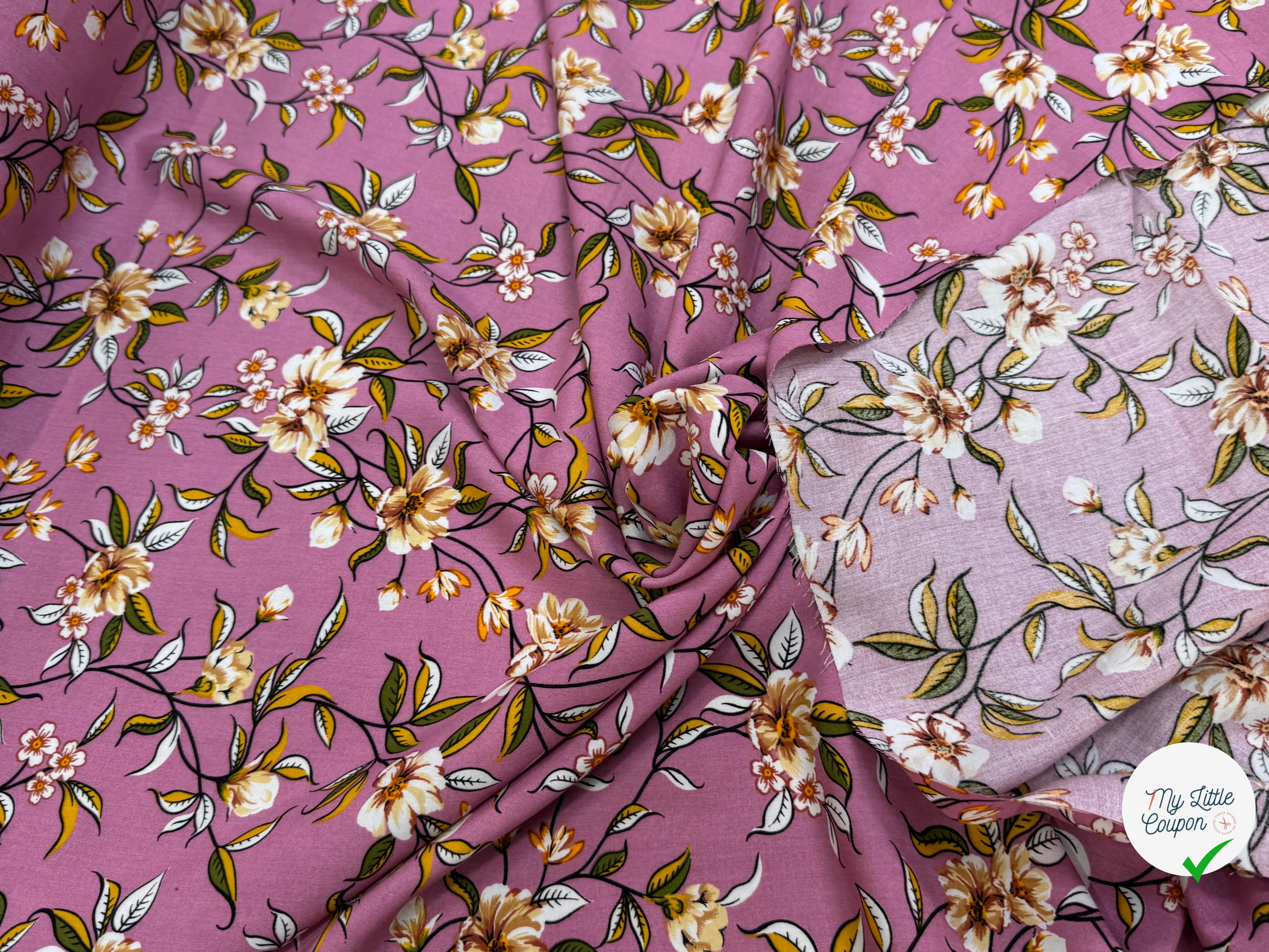 TISSU 100% VISCOSE IMPRIMÉ FOND VIEUX ROSE - My Little Coupon