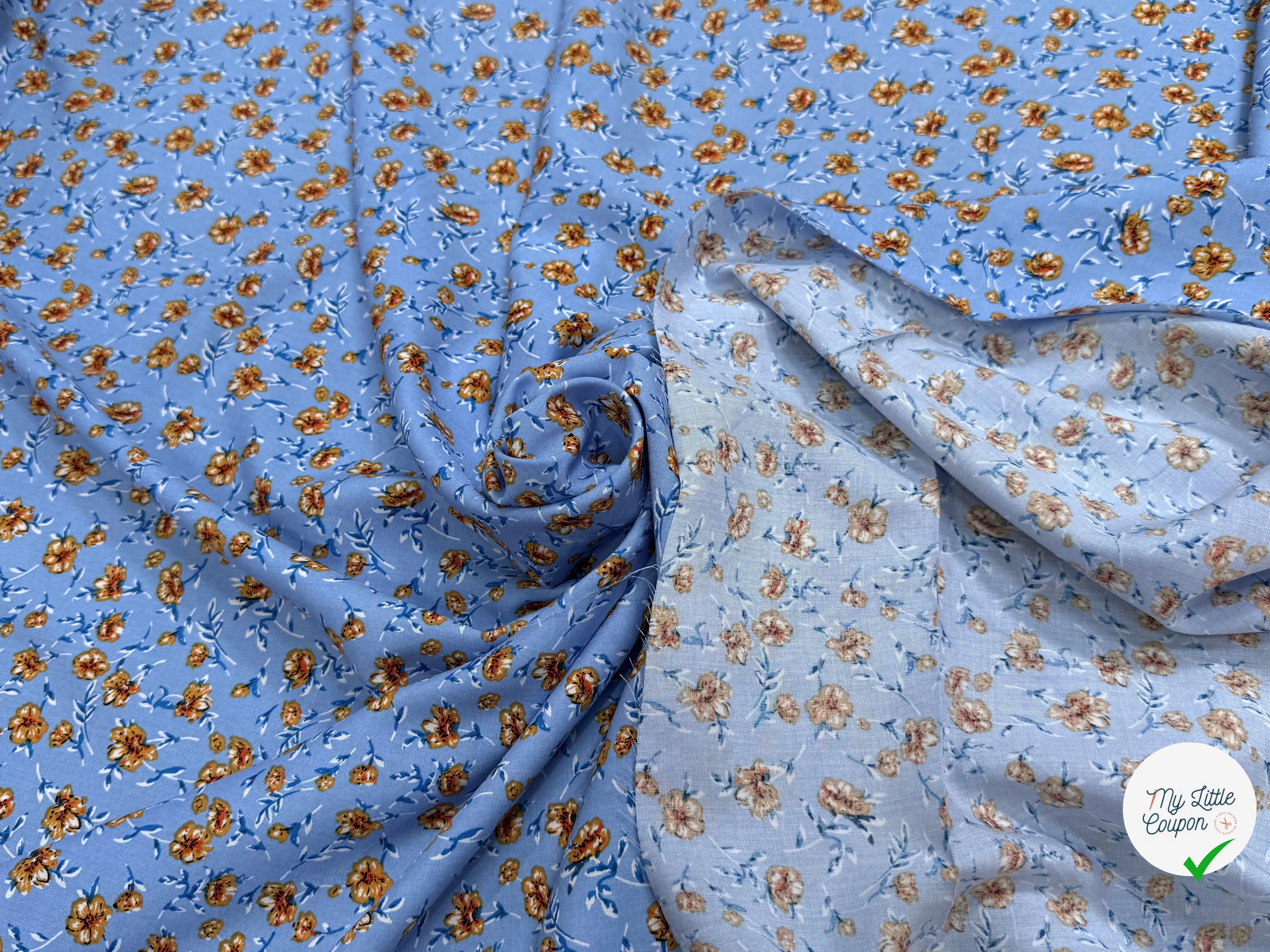 TISSU 100% VISCOSE IMPRIMÉ MINI FLEURS FOND BLEU CIEL - My Little Coupon