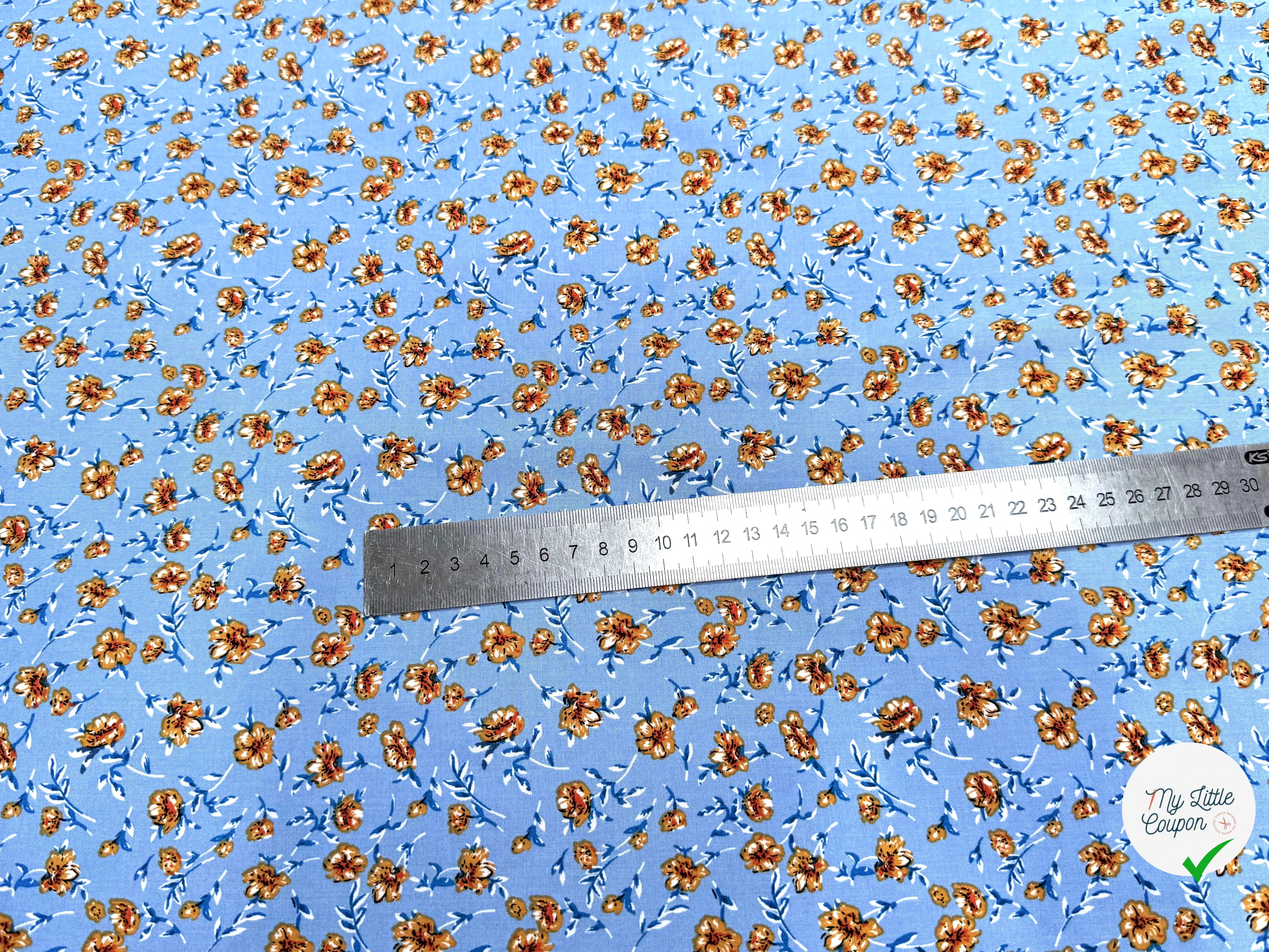 TISSU 100% VISCOSE IMPRIMÉ MINI FLEURS FOND BLEU CIEL - My Little Coupon