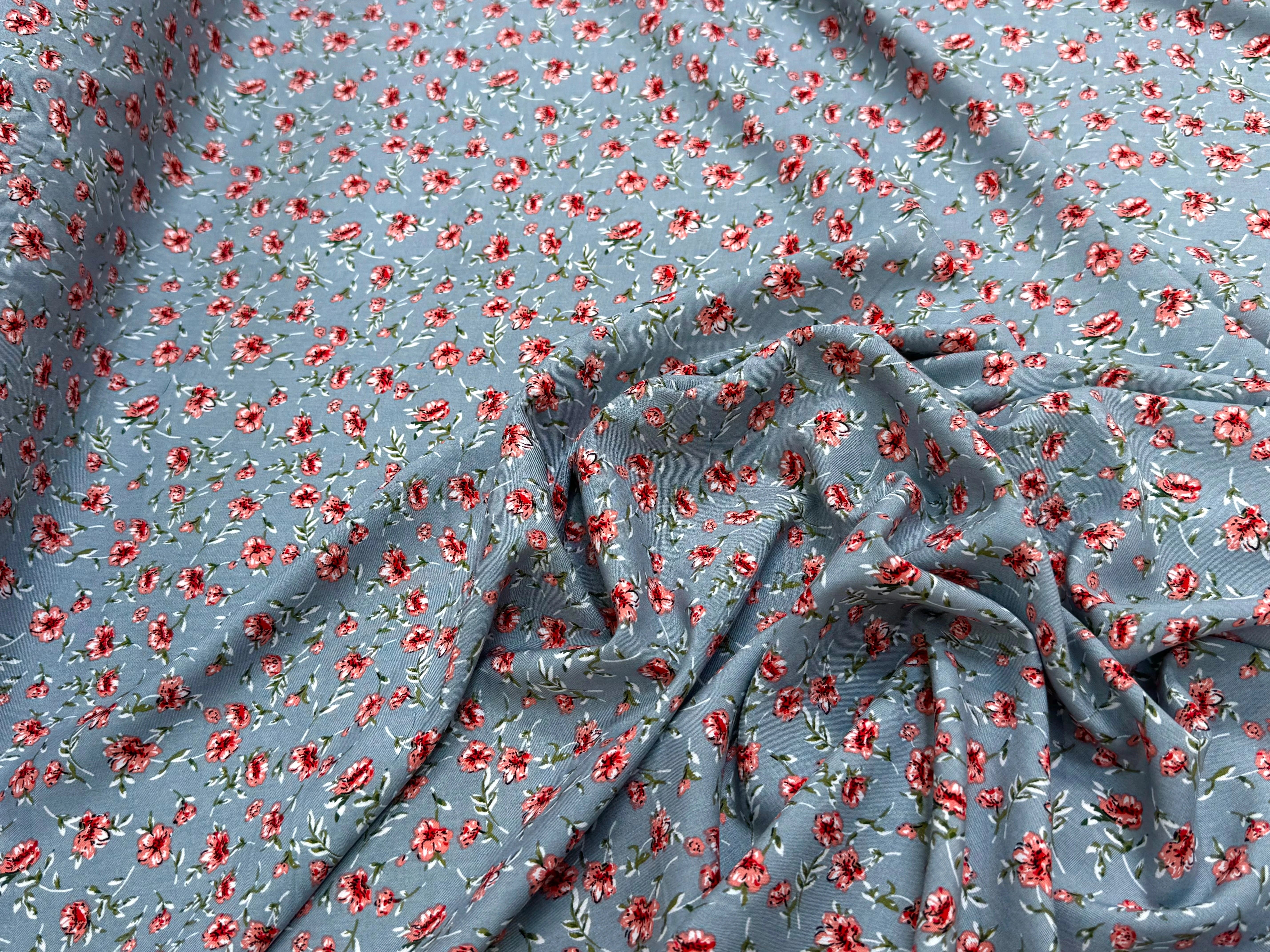 TISSU 100% VISCOSE IMPRIMÉ MINI FLEURS FOND GRIS - My Little Coupon