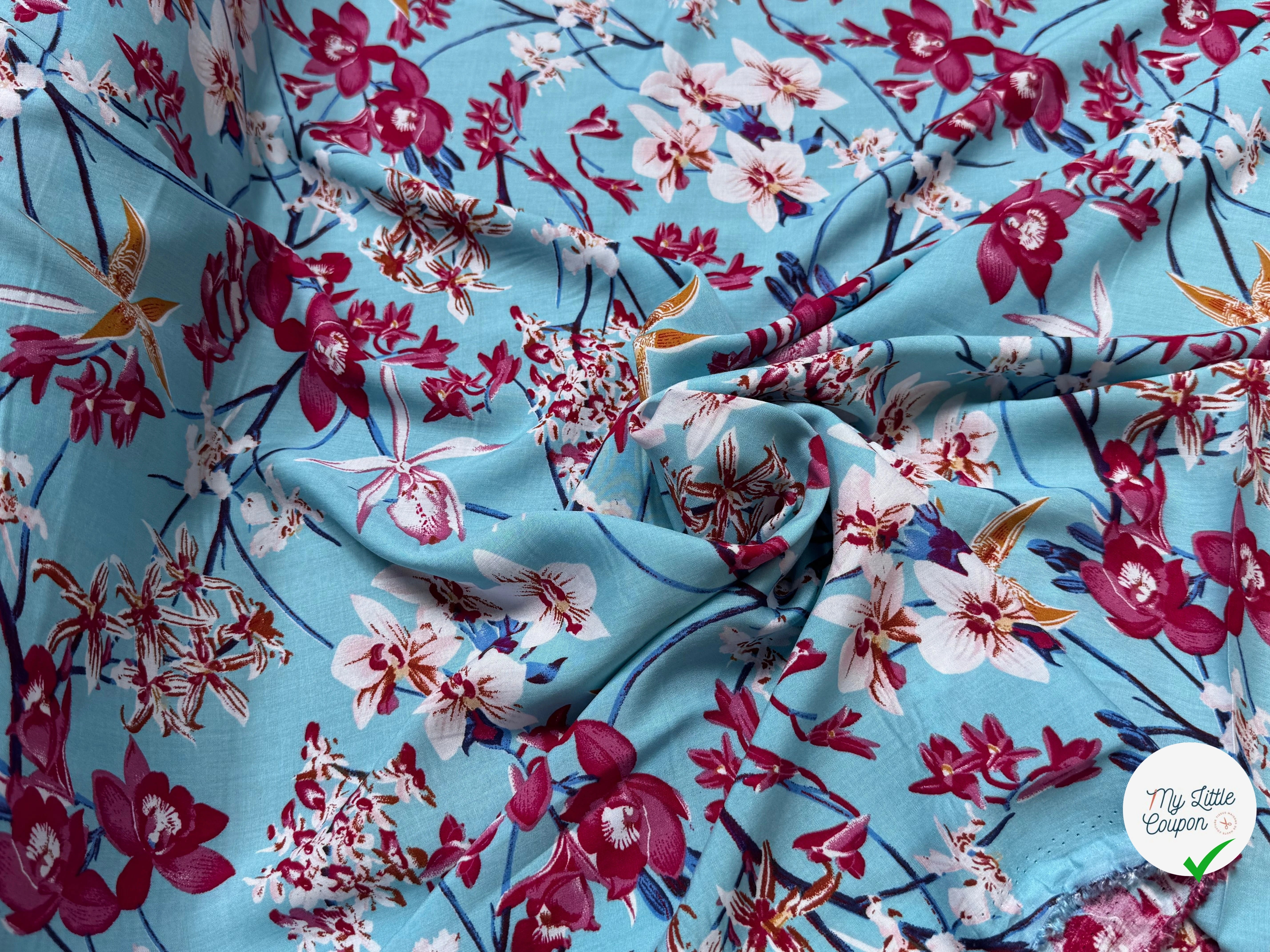 TISSU 100% VISCOSE IMPRIMÉ MOTIFS FLOREAUX FOND TURQUOISE - My Little Coupon