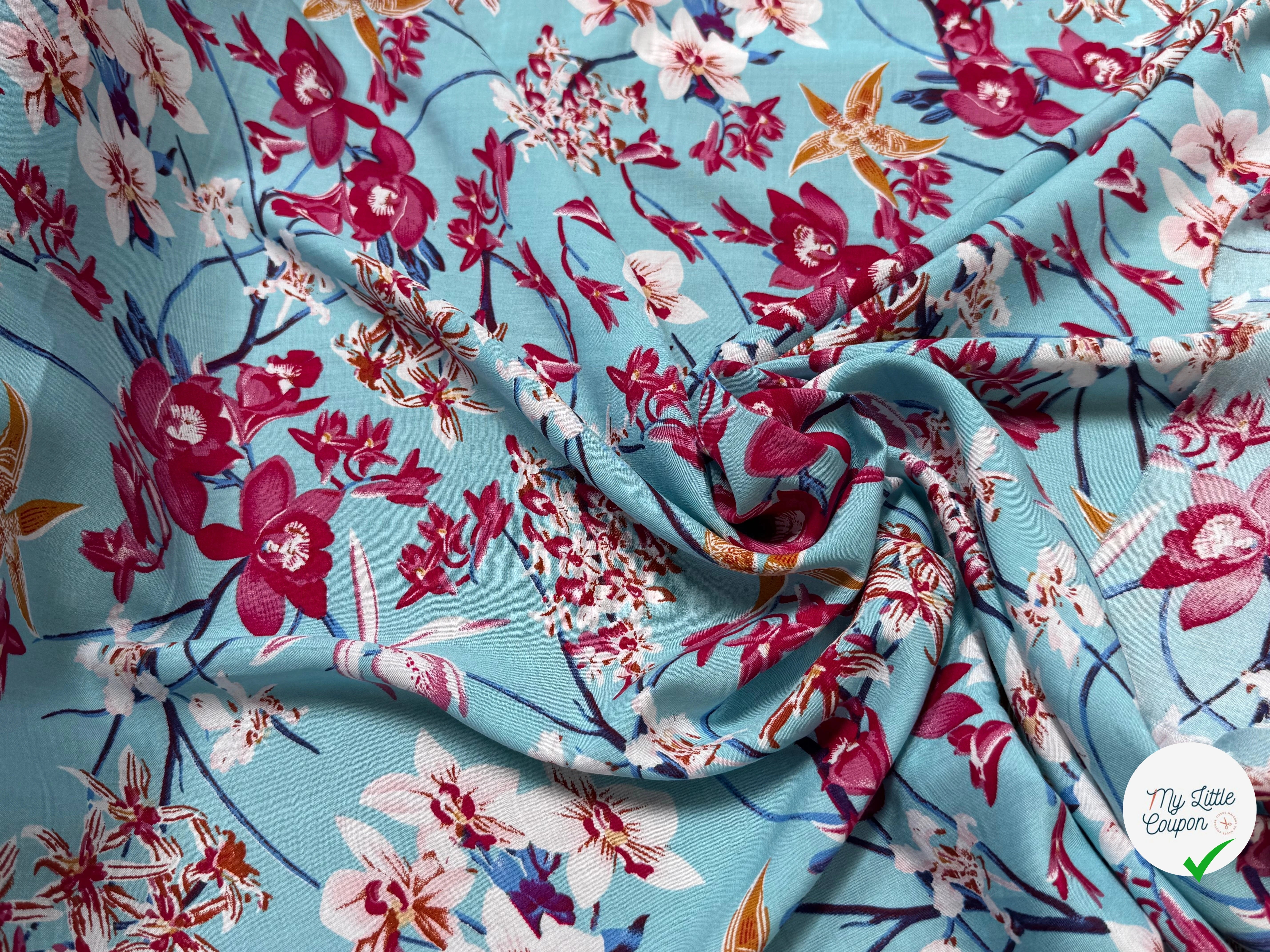 TISSU 100% VISCOSE IMPRIMÉ MOTIFS FLOREAUX FOND TURQUOISE - My Little Coupon