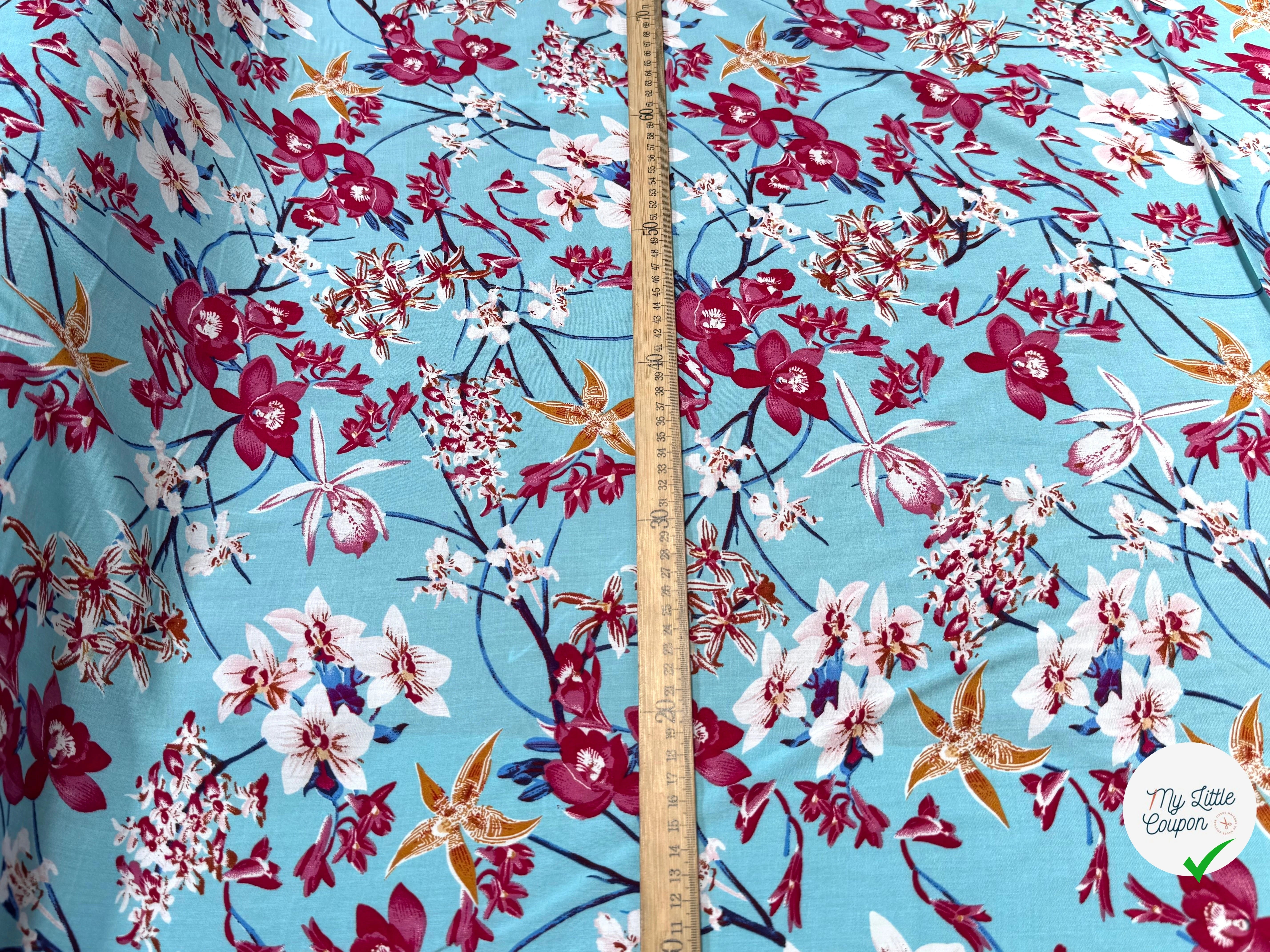 TISSU 100% VISCOSE IMPRIMÉ MOTIFS FLOREAUX FOND TURQUOISE - My Little Coupon