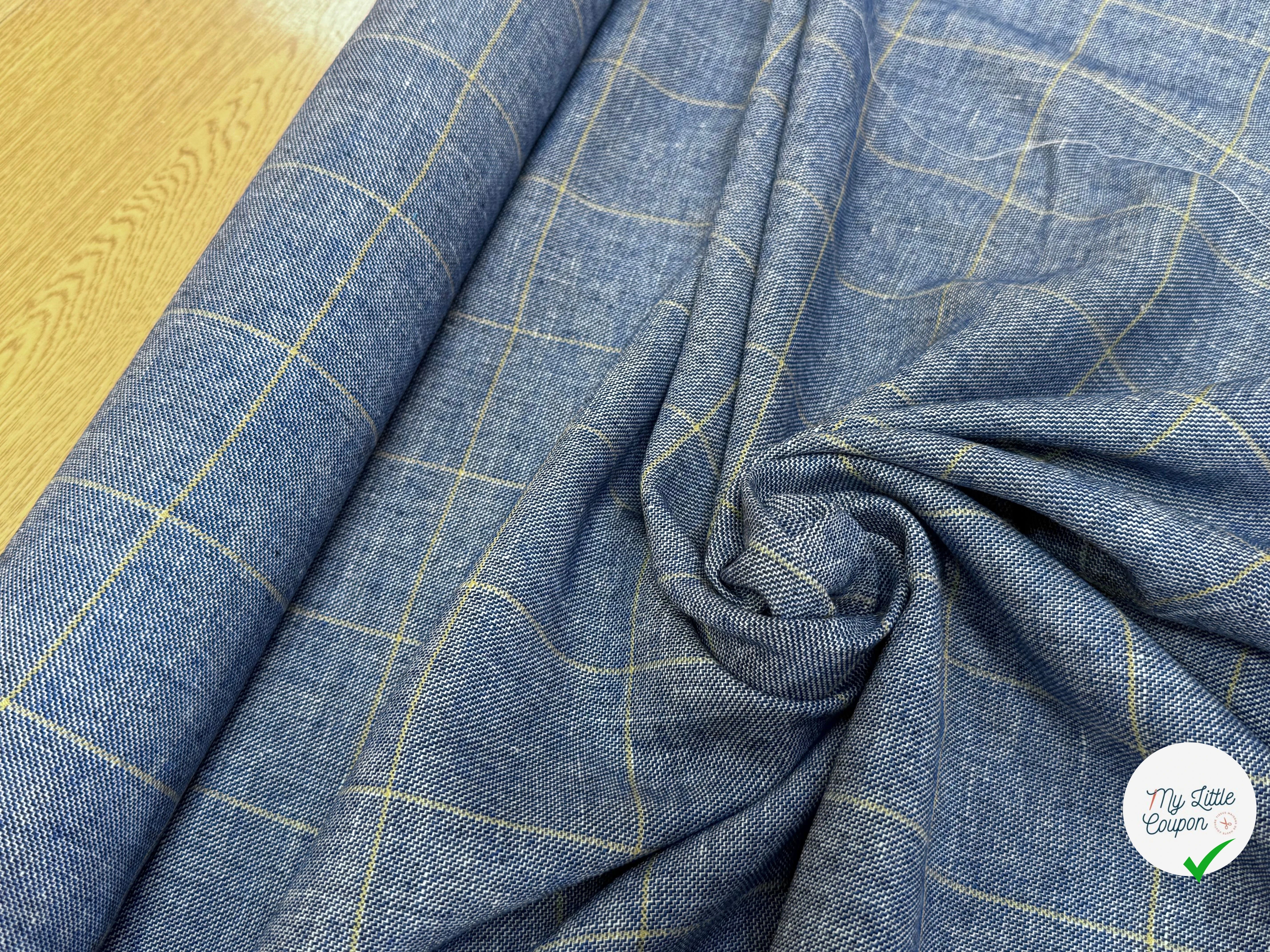 TISSU À CARREAUX 42% LIN LAINE & VISCOSE BLEU DENIM - My Little Coupon