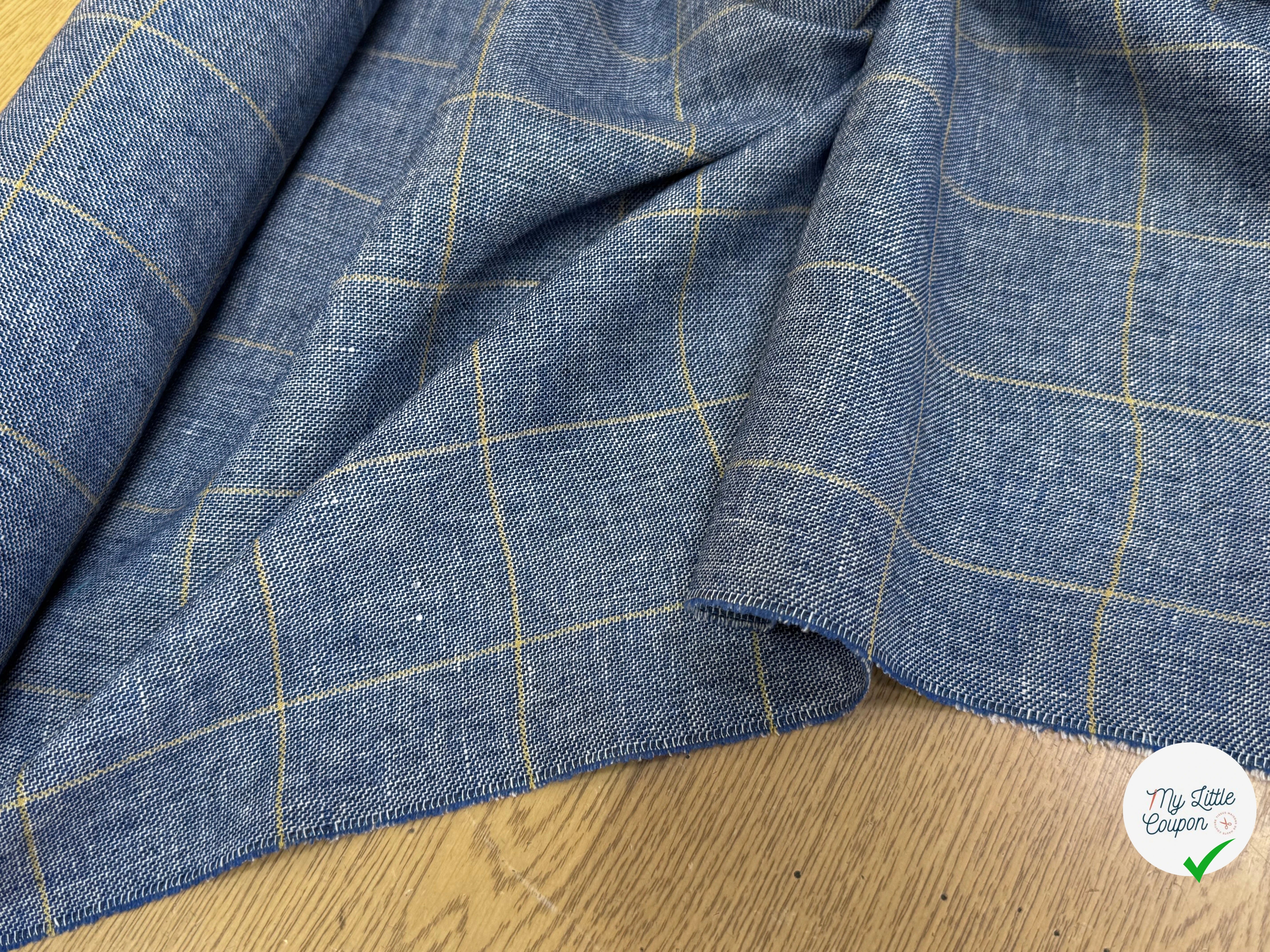 TISSU À CARREAUX 42% LIN LAINE & VISCOSE BLEU DENIM - My Little Coupon