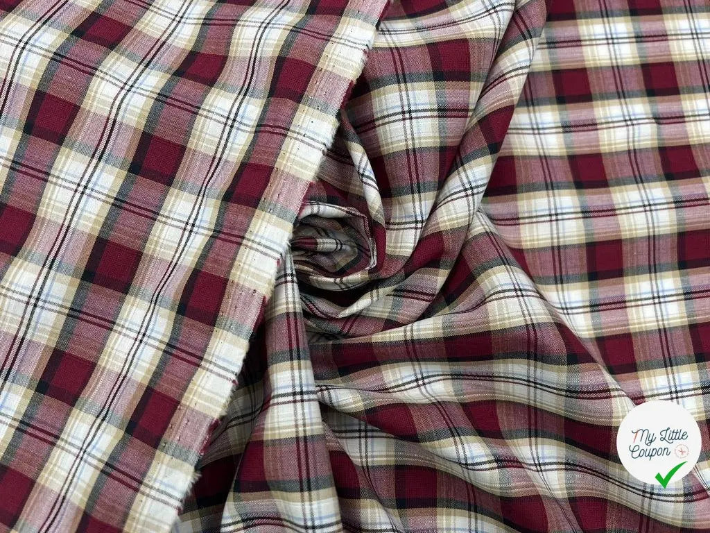 TISSU CHEMISE COTON TISSÉ TEINT CARREAUX TONS LIE DE VIN - My Little Coupon - tissu - coudre