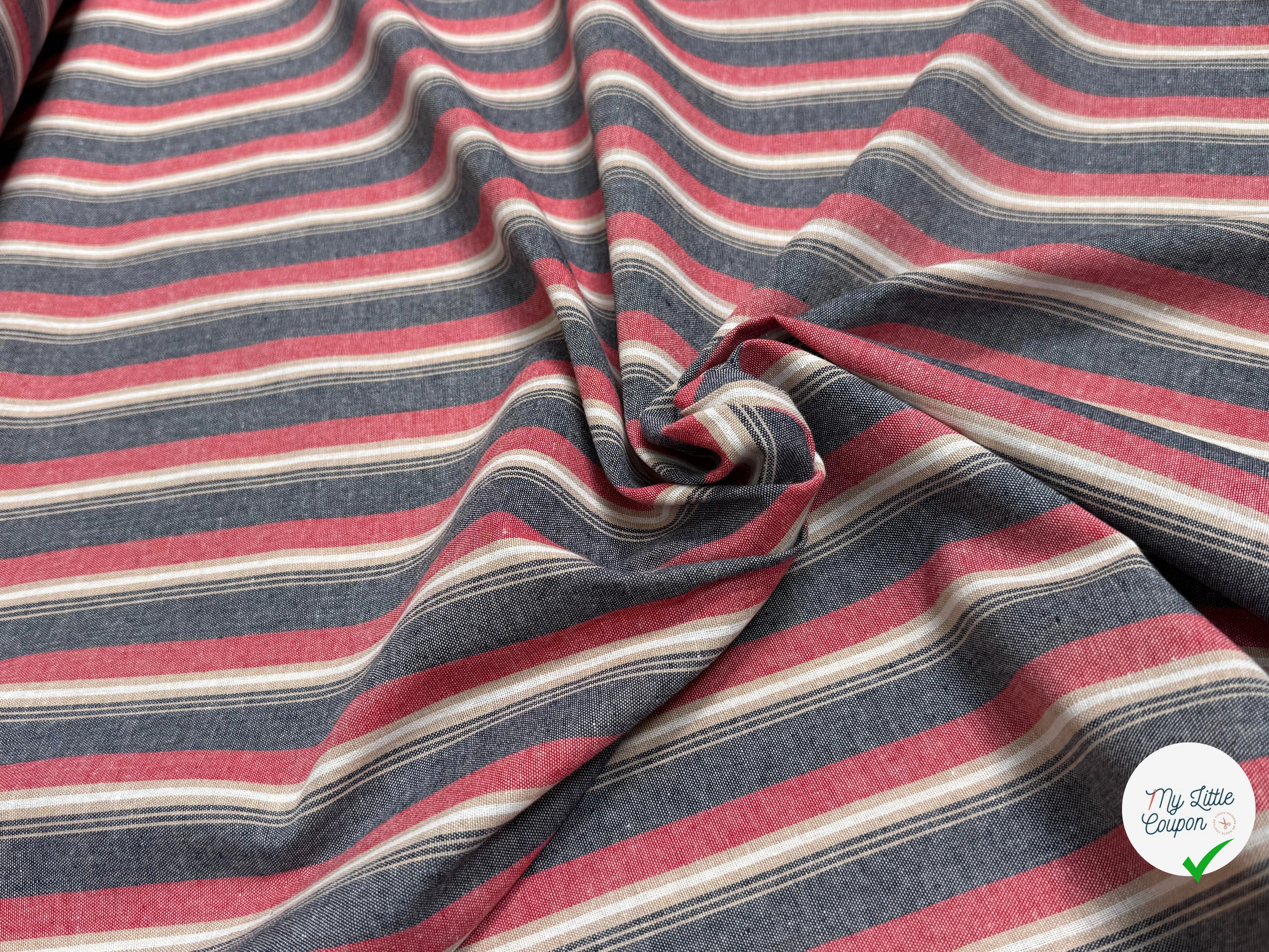 TISSU COTON ASPECT OXFORD 70% COTON RAYURES ROUGE - My Little Coupon
