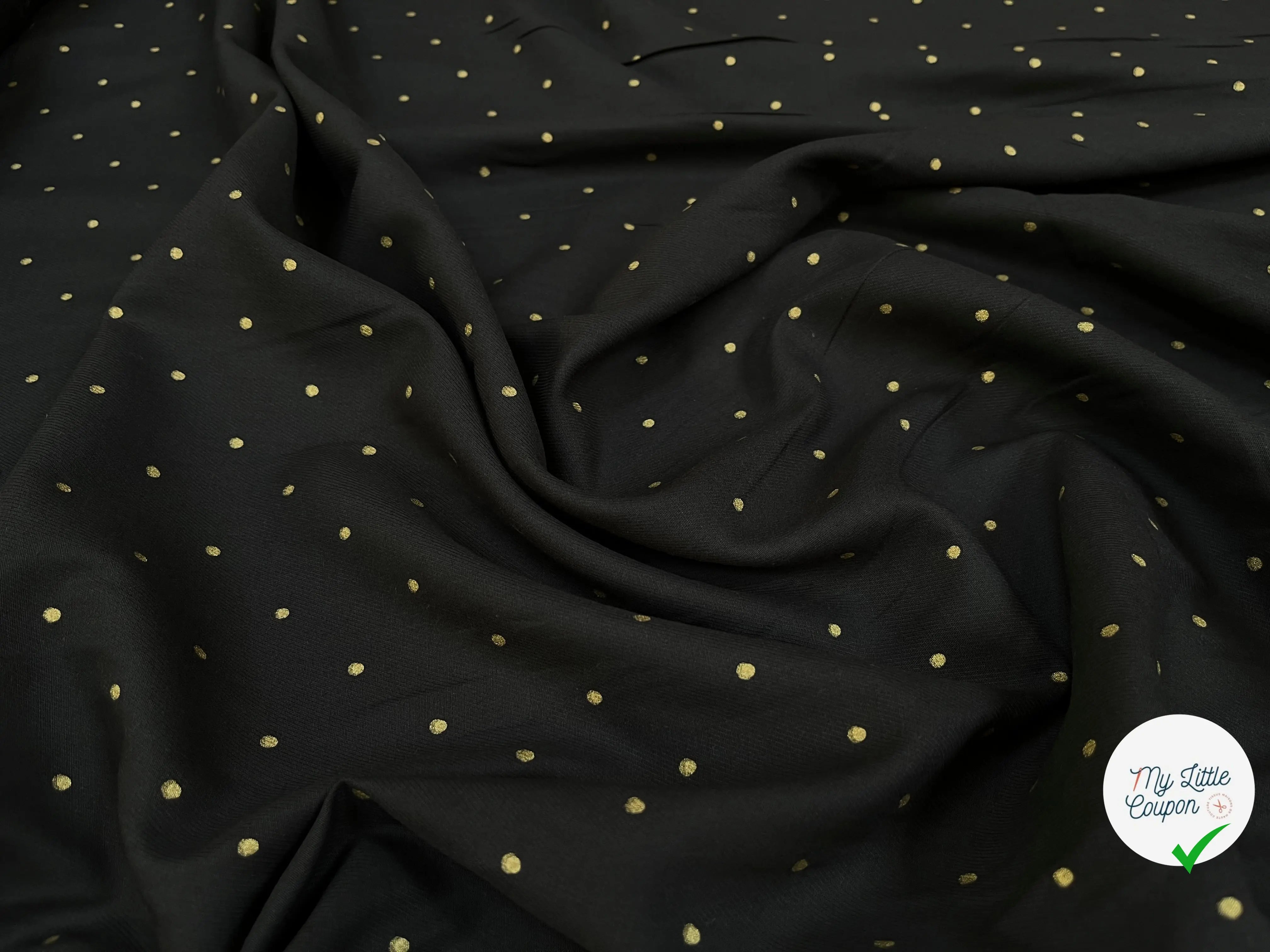 TISSU COTON CHEMISE SERGÉE MOTIF POIS OR SUR NOIR - My Little Coupon