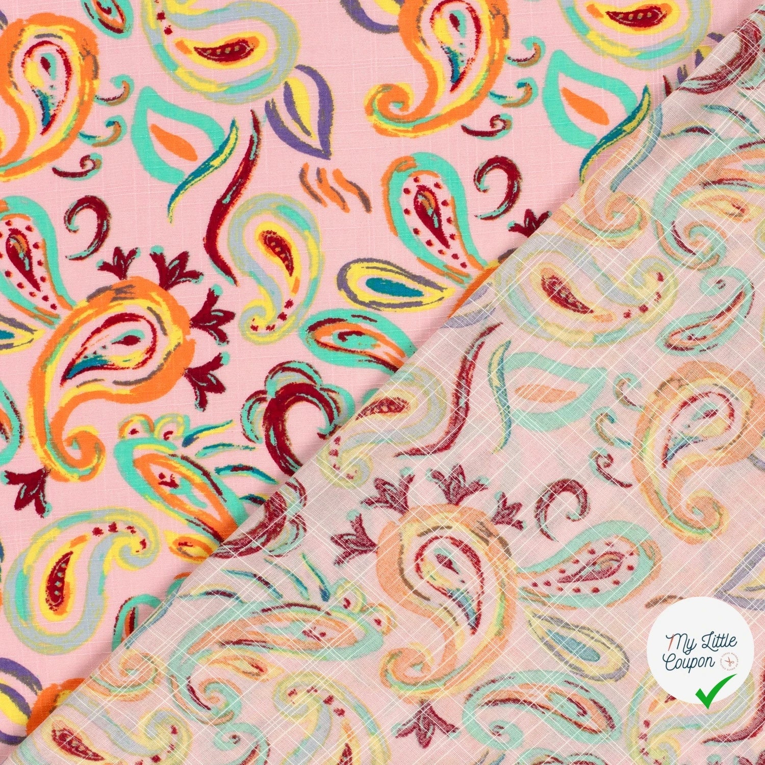 TISSU COTON VISCOSE CHAINE ET TRAME IMPRIMÉ PAISLEY ROSE CLAIR - My Little Coupon