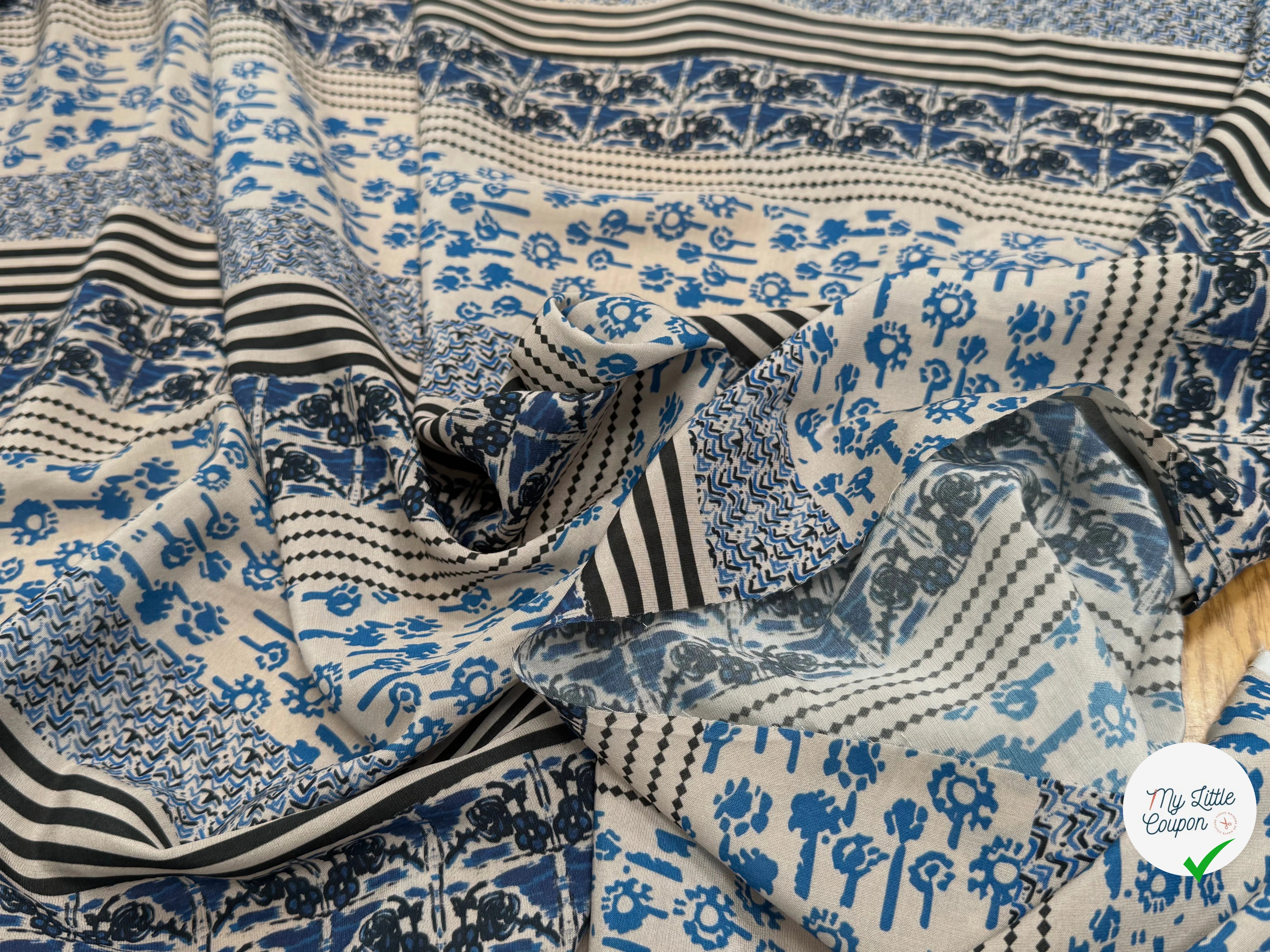 TISSU CRÊPE DE VISCOSE ÉCRU IMPRIMÉ POIS ET RAYURES BLEU TANGO QUEDUBLEU - My Little Coupon