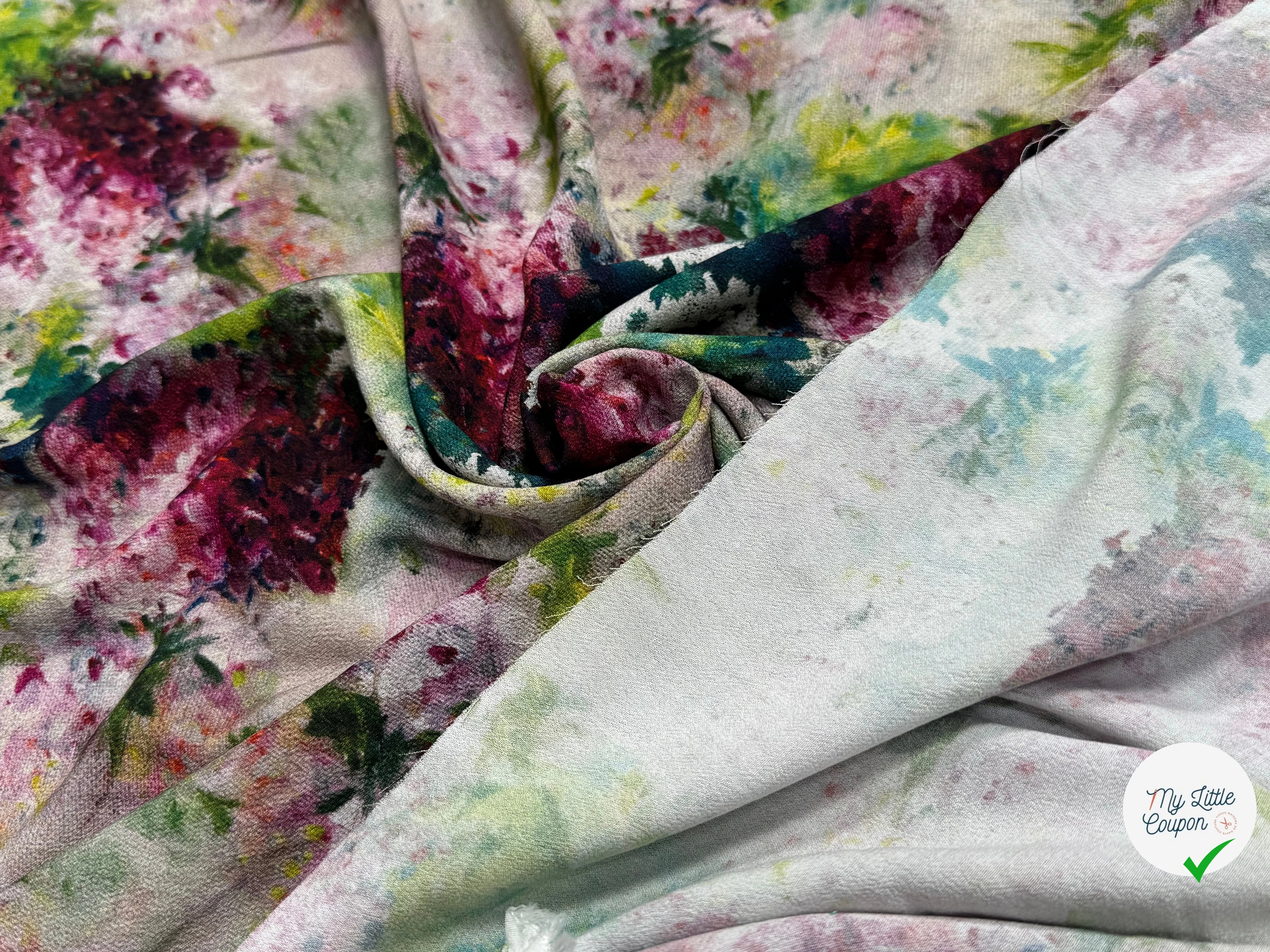 TISSU CRÊPE DE VISCOSE FLUIDE IMPRIMÉ FLORAL CANDY HORTENSIA - My Little Coupon