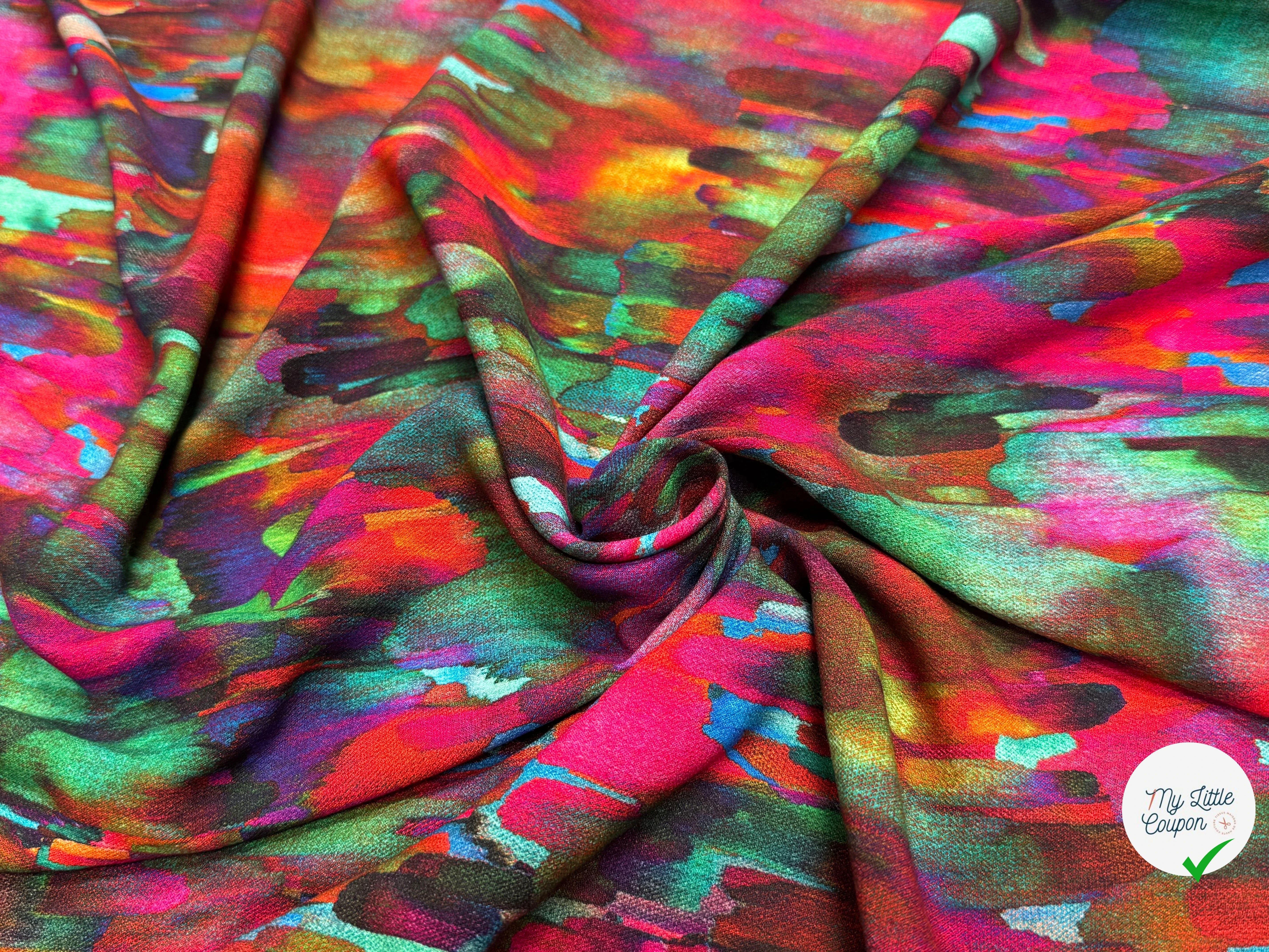 TISSU CRÊPE DE VISCOSE FLUIDE IMPRIMÉ PEINTURE MULTICOLORE CANDY PIGMENT - My Little Coupon