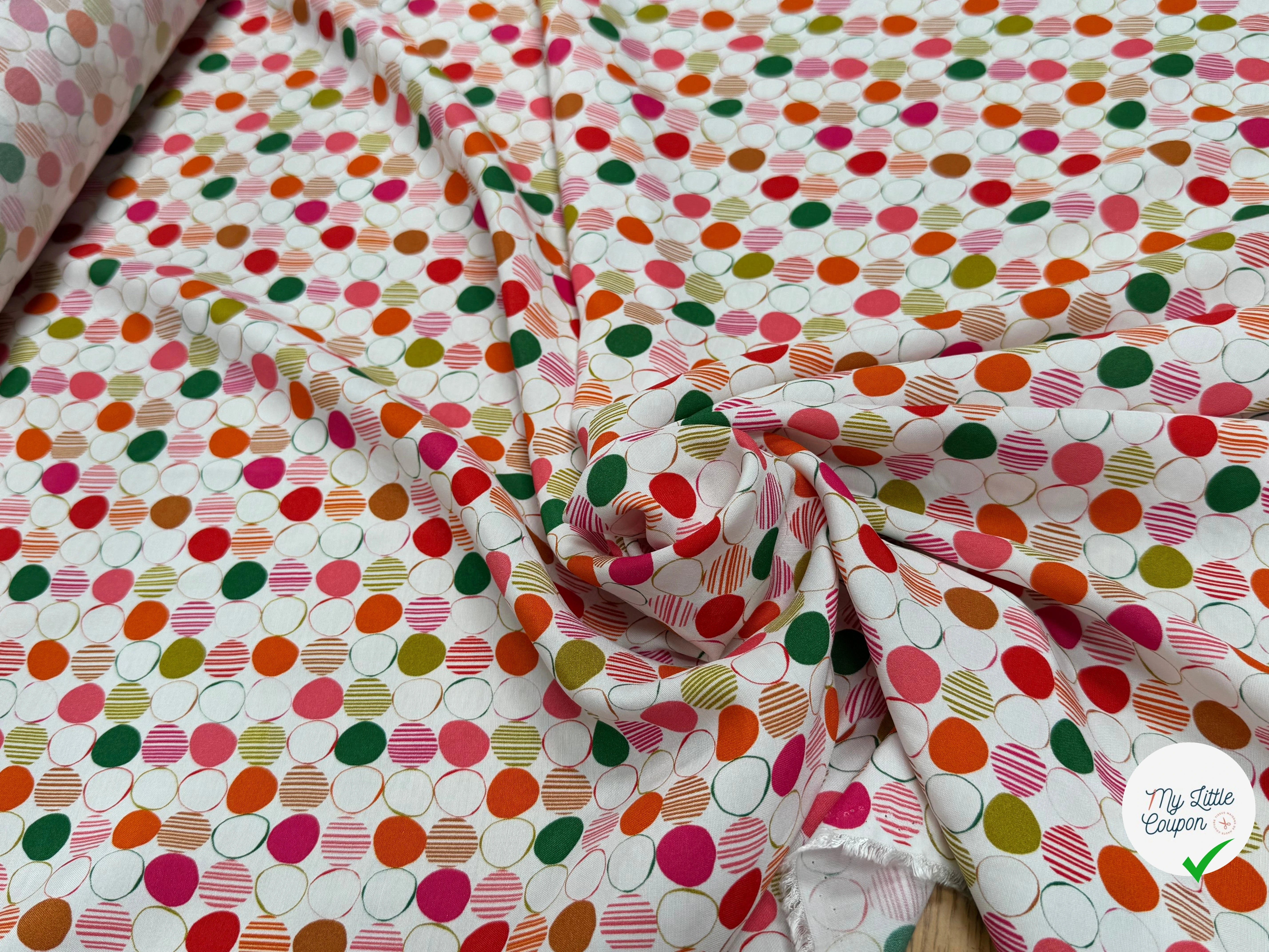 TISSU CRÊPE DE VISCOSE IMPRIMÉ POIS MULTICOLORES FANTASY ROND MULTIROUGE - My Little Coupon