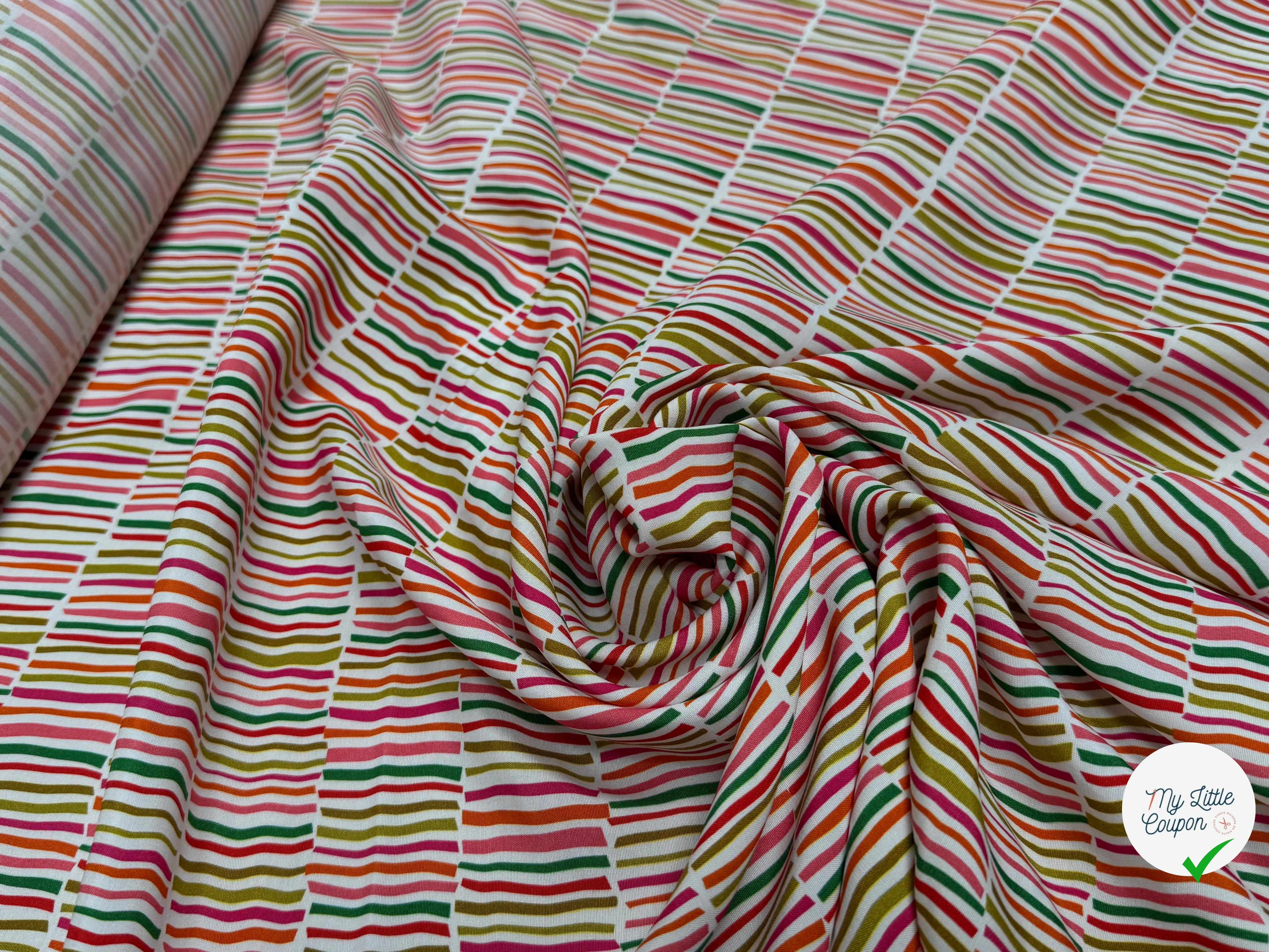 TISSU CRÊPE DE VISCOSE IMPRIMÉ RAYURES MULTICOLORES FANTASY TRAIT MULTIROUGE - My Little Coupon