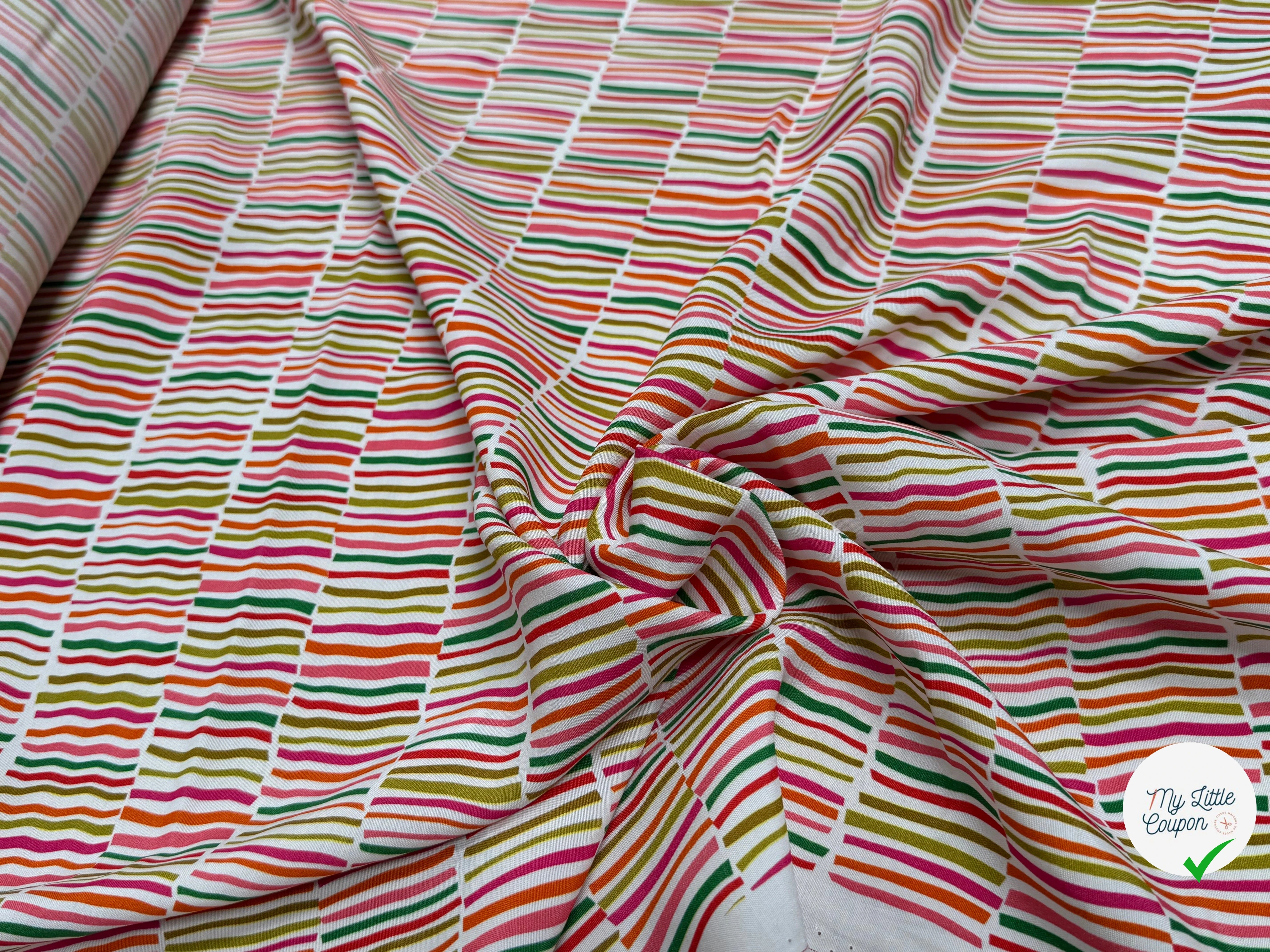 TISSU CRÊPE DE VISCOSE IMPRIMÉ RAYURES MULTICOLORES FANTASY TRAIT MULTIROUGE - My Little Coupon