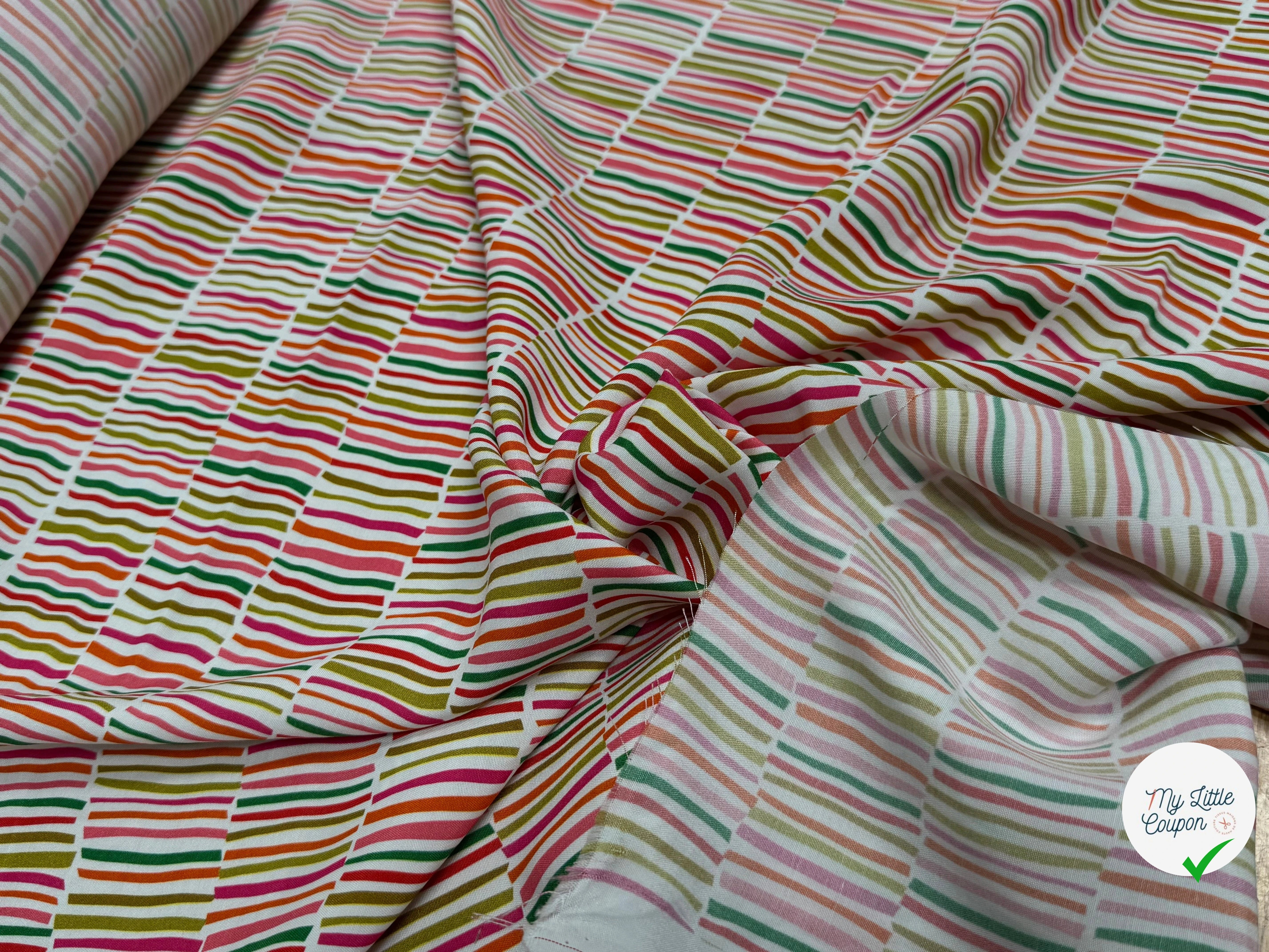 TISSU CRÊPE DE VISCOSE IMPRIMÉ RAYURES MULTICOLORES FANTASY TRAIT MULTIROUGE - My Little Coupon