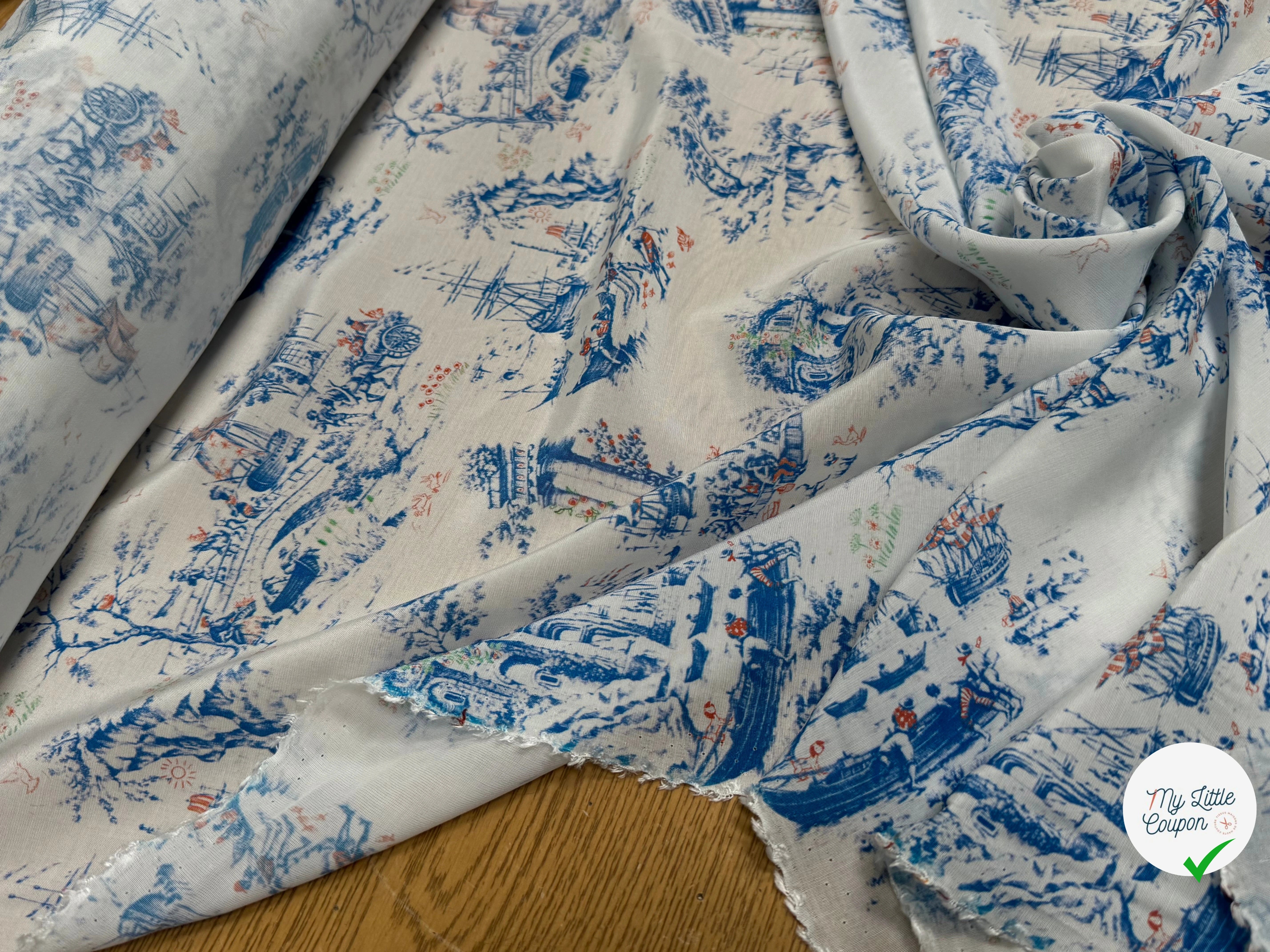 TISSU CRÊPE DE VISCOSE IMPRIMÉ TOILE DE JOUY BLEU ET BLANC TANGO TOILE DE JOUY - My Little Coupon